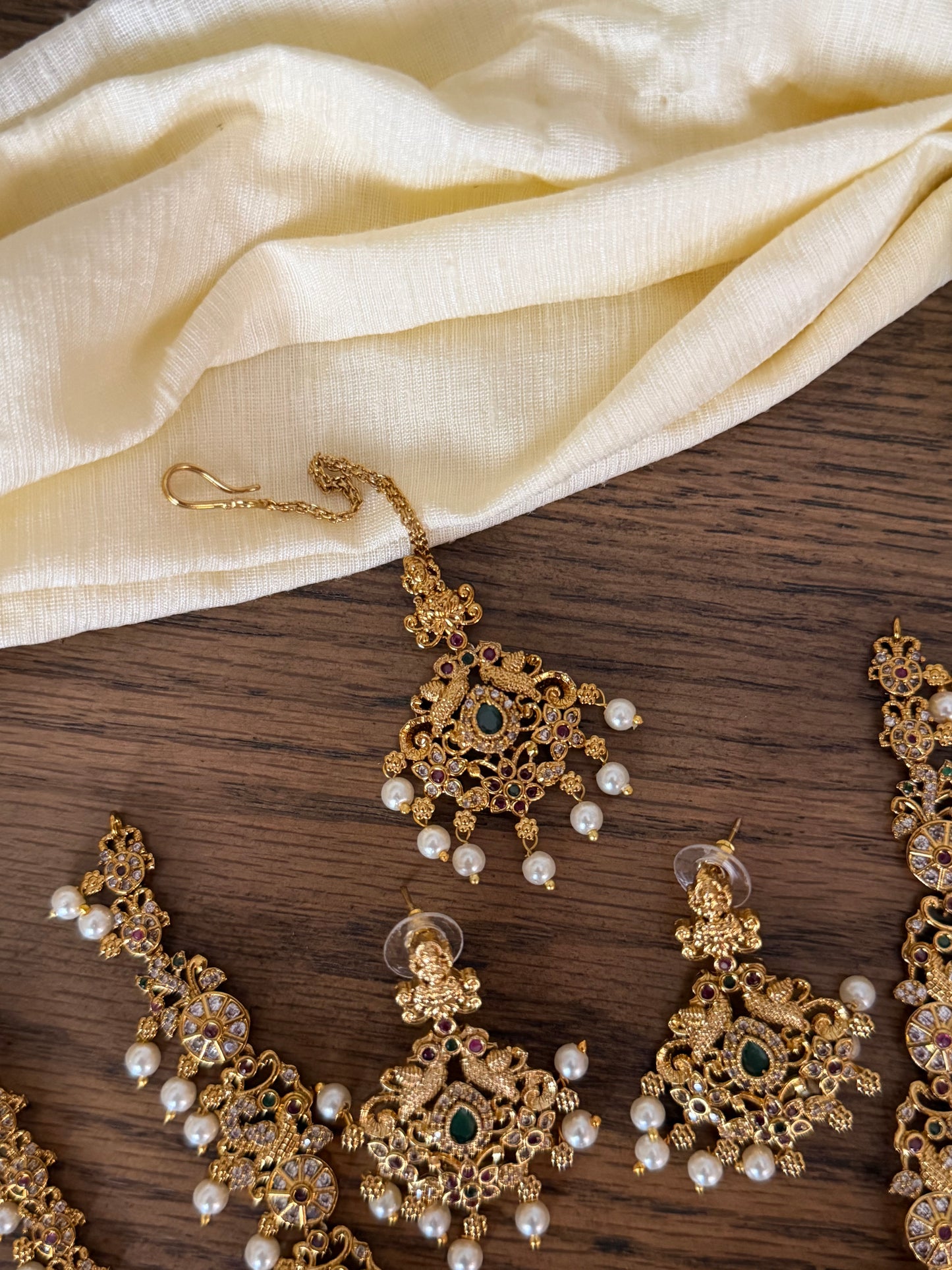 Grand Temple Jewelry Combo Set: Long & Short Necklace, Maang Tika & Earrings