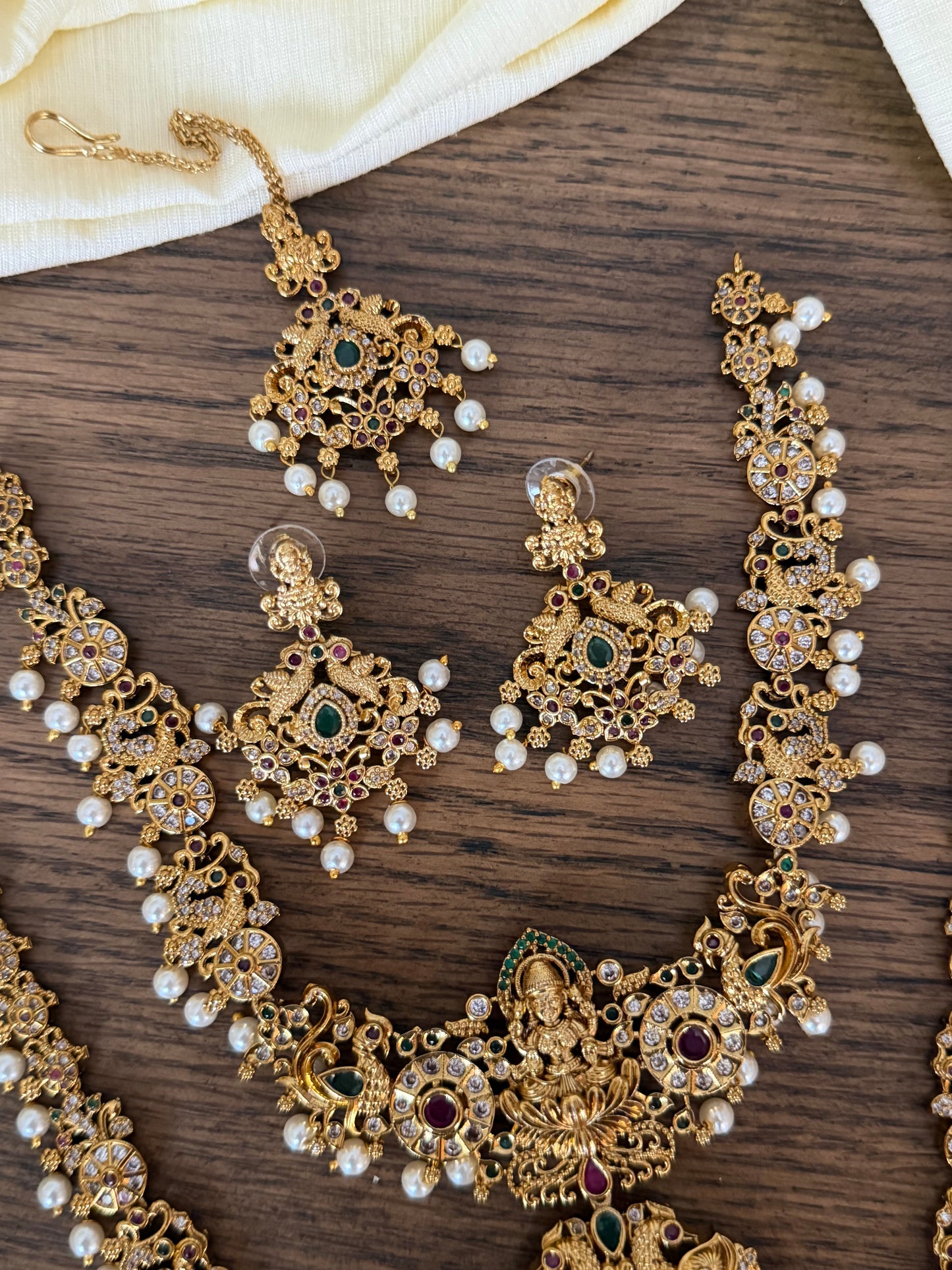 Grand Temple Jewelry Combo Set: Long & Short Necklace, Maang Tika & Earrings