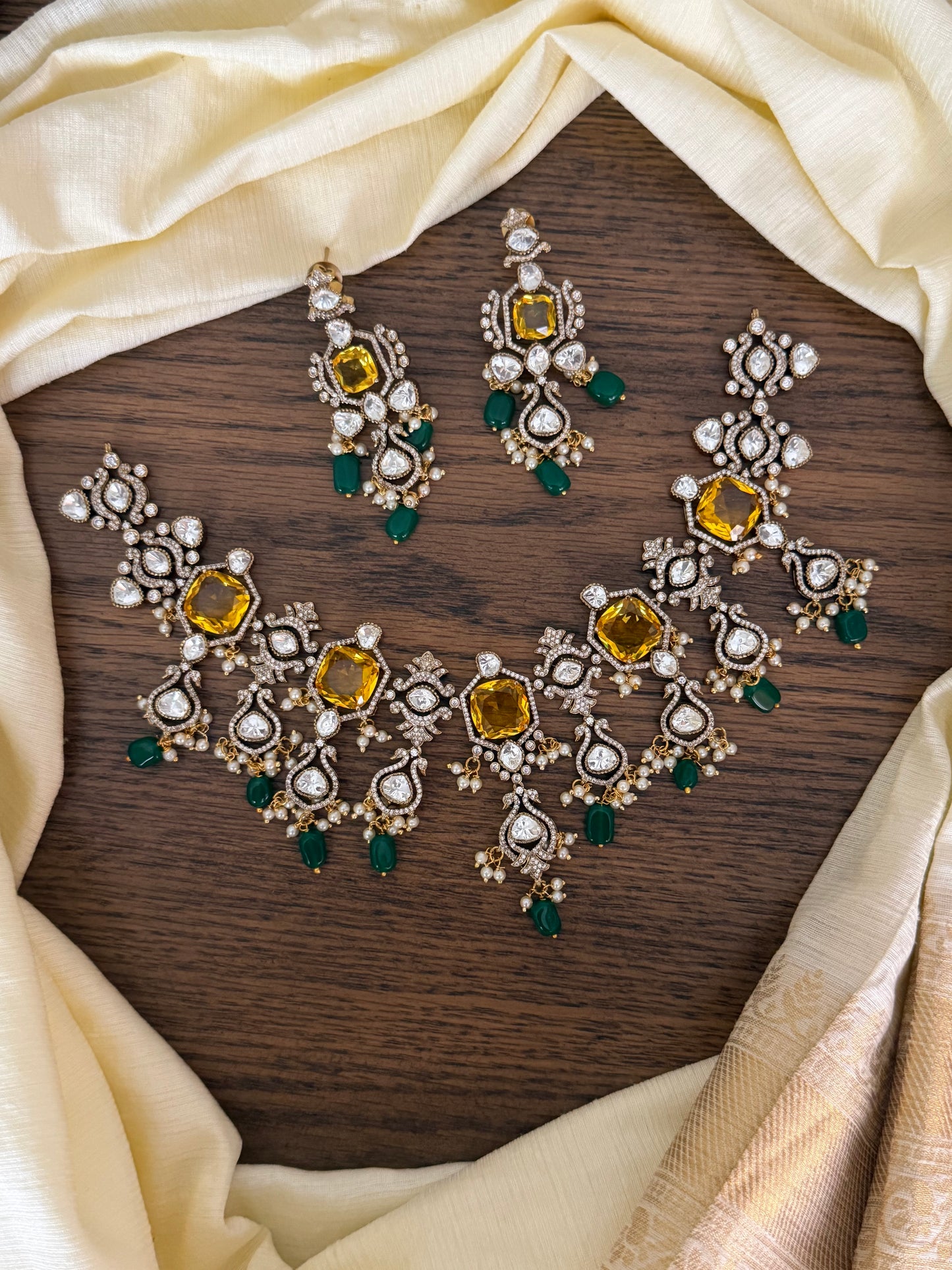 Grand Polki Kundan Choker Set with Yellow Stone & Emerald Drops (Antique Finish)