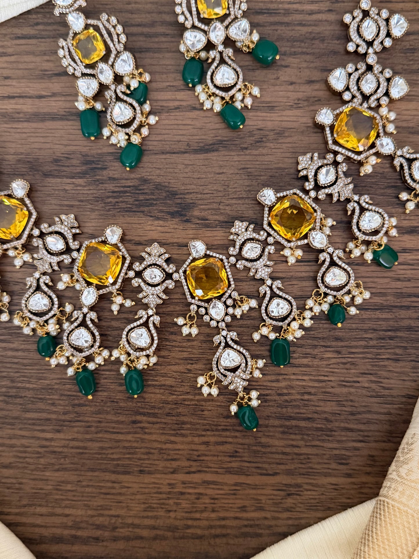 Grand Polki Kundan Choker Set with Yellow Stone & Emerald Drops (Antique Finish)