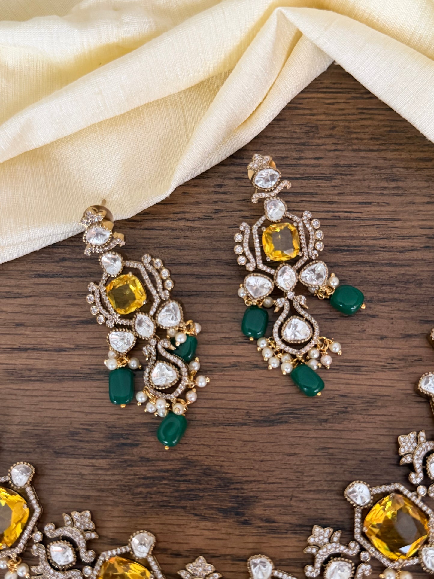 Grand Polki Kundan Choker Set with Yellow Stone & Emerald Drops (Antique Finish)