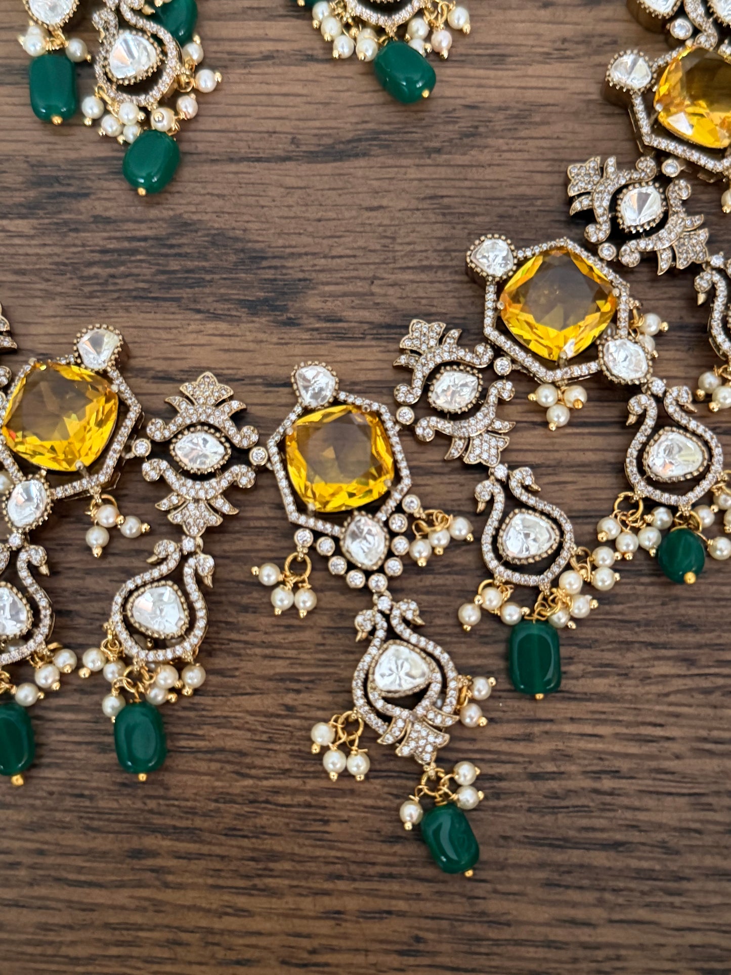 Grand Polki Kundan Choker Set with Yellow Stone & Emerald Drops (Antique Finish)