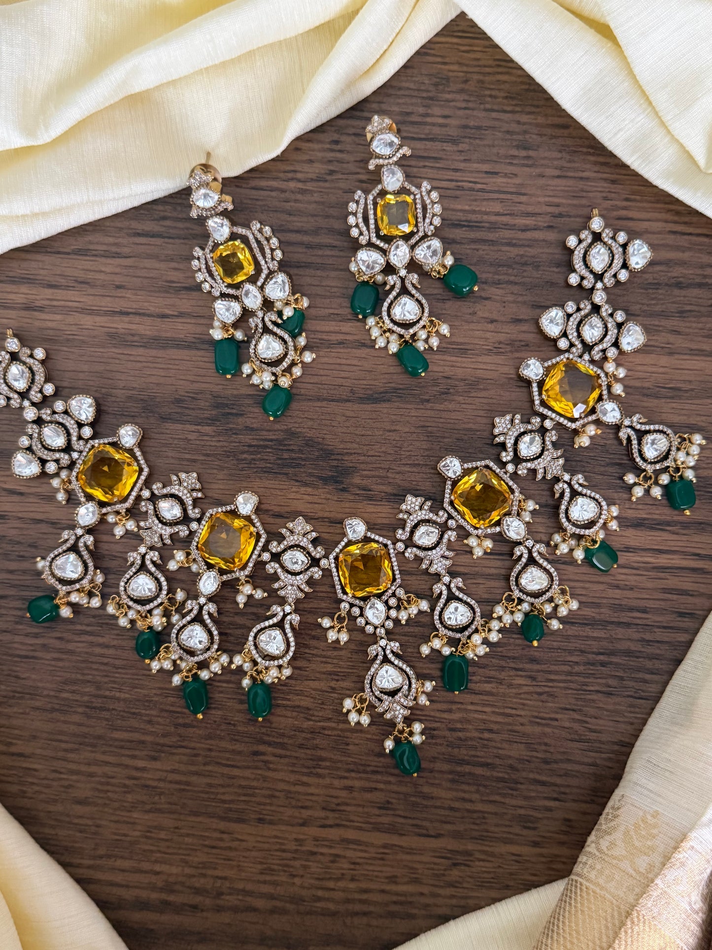 Grand Polki Kundan Choker Set with Yellow Stone & Emerald Drops (Antique Finish)