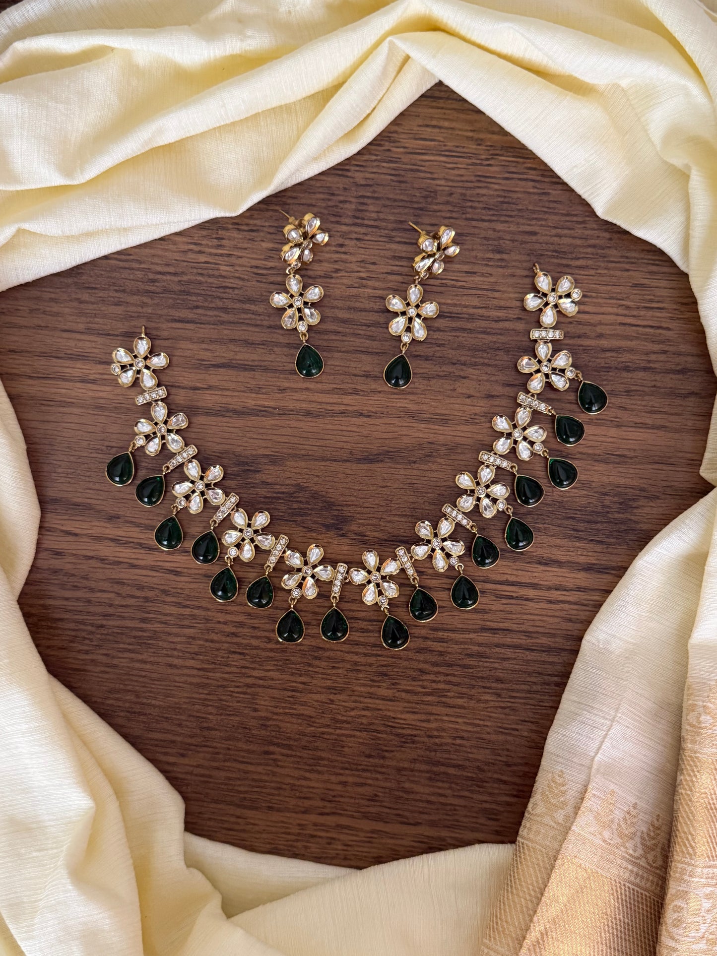Floral Kundan Polki Choker Set with Emerald Green Teardrops