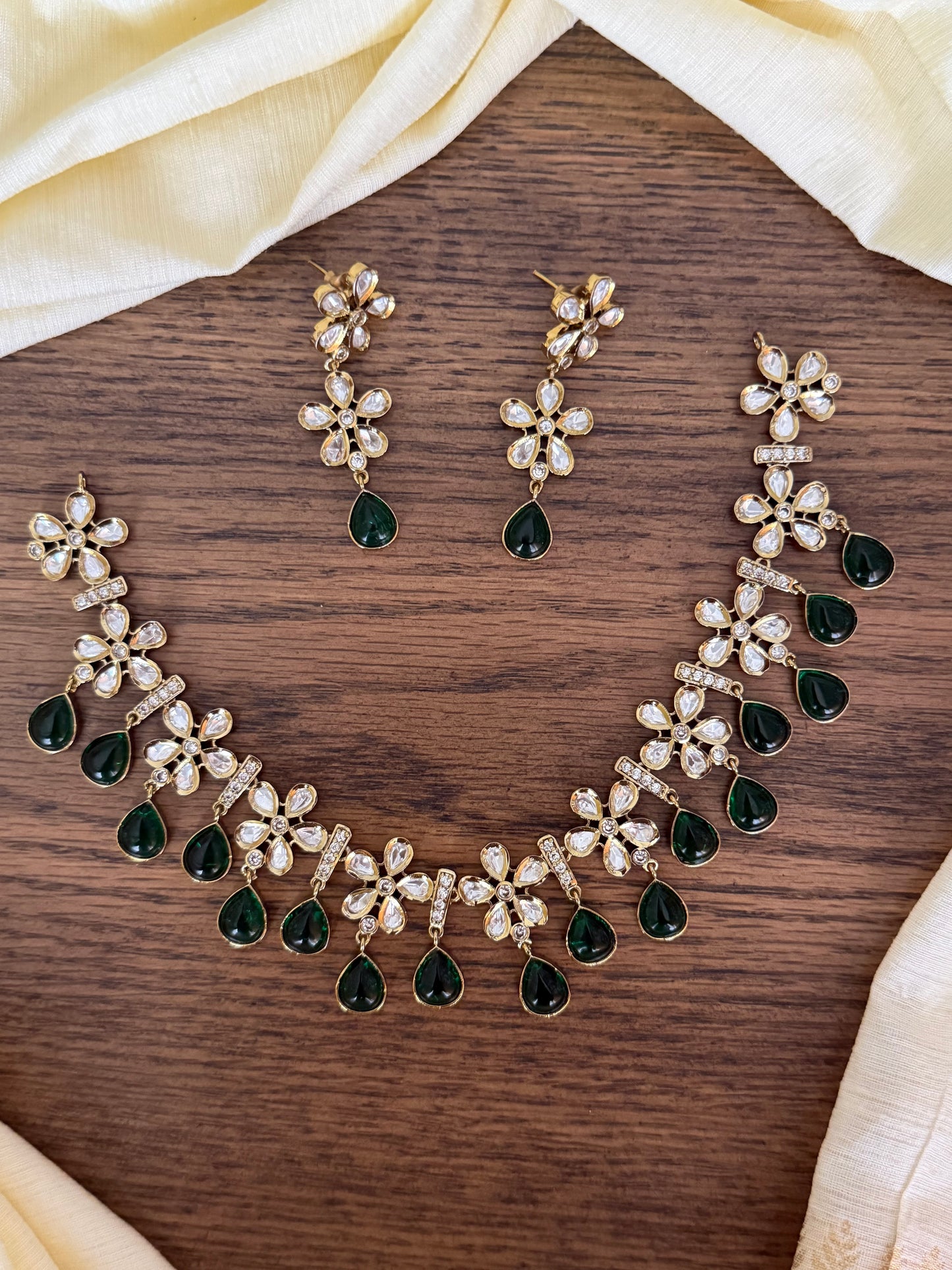 Floral Kundan Polki Choker Set with Emerald Green Teardrops