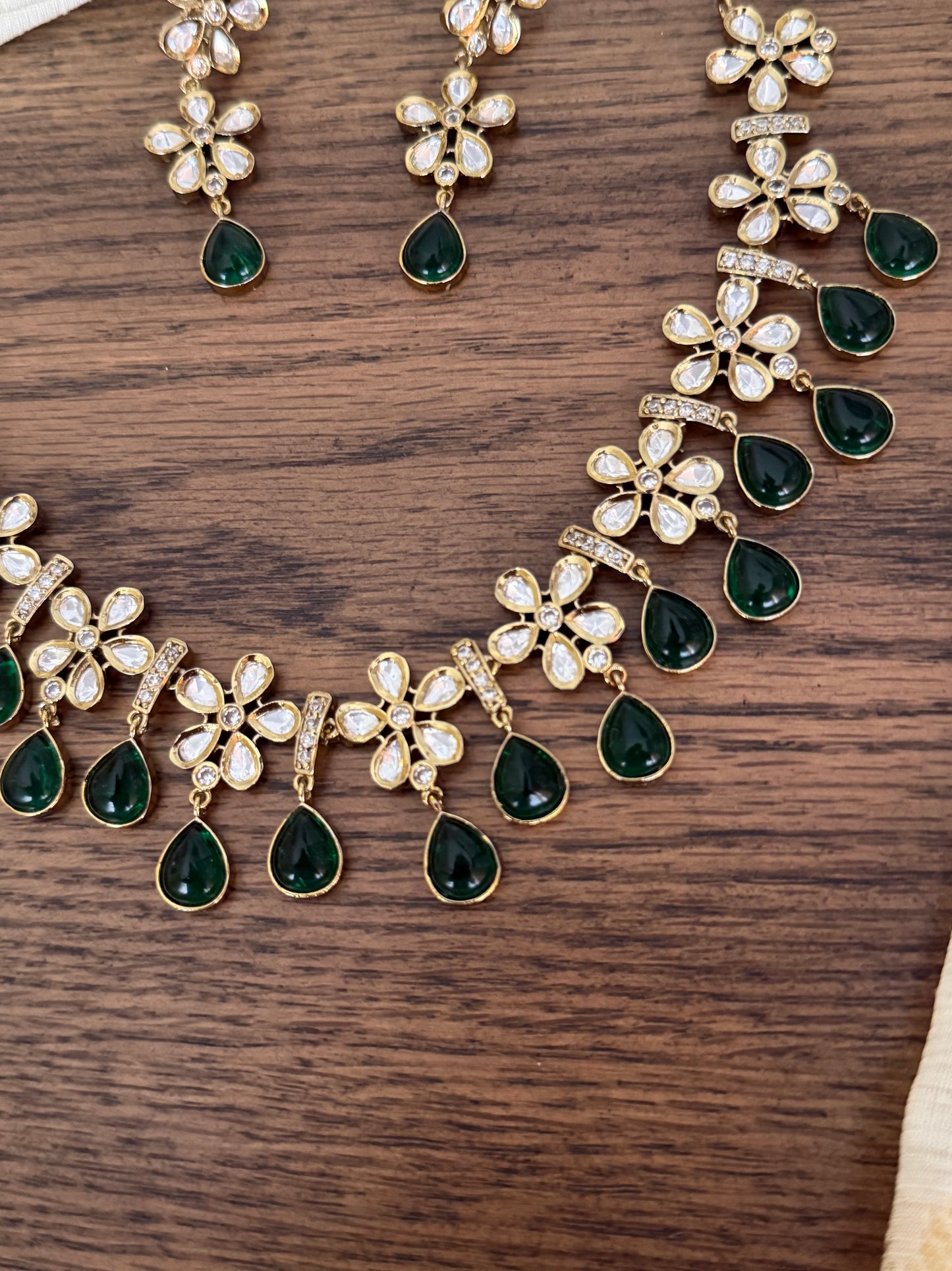 Floral Kundan Polki Choker Set with Emerald Green Teardrops