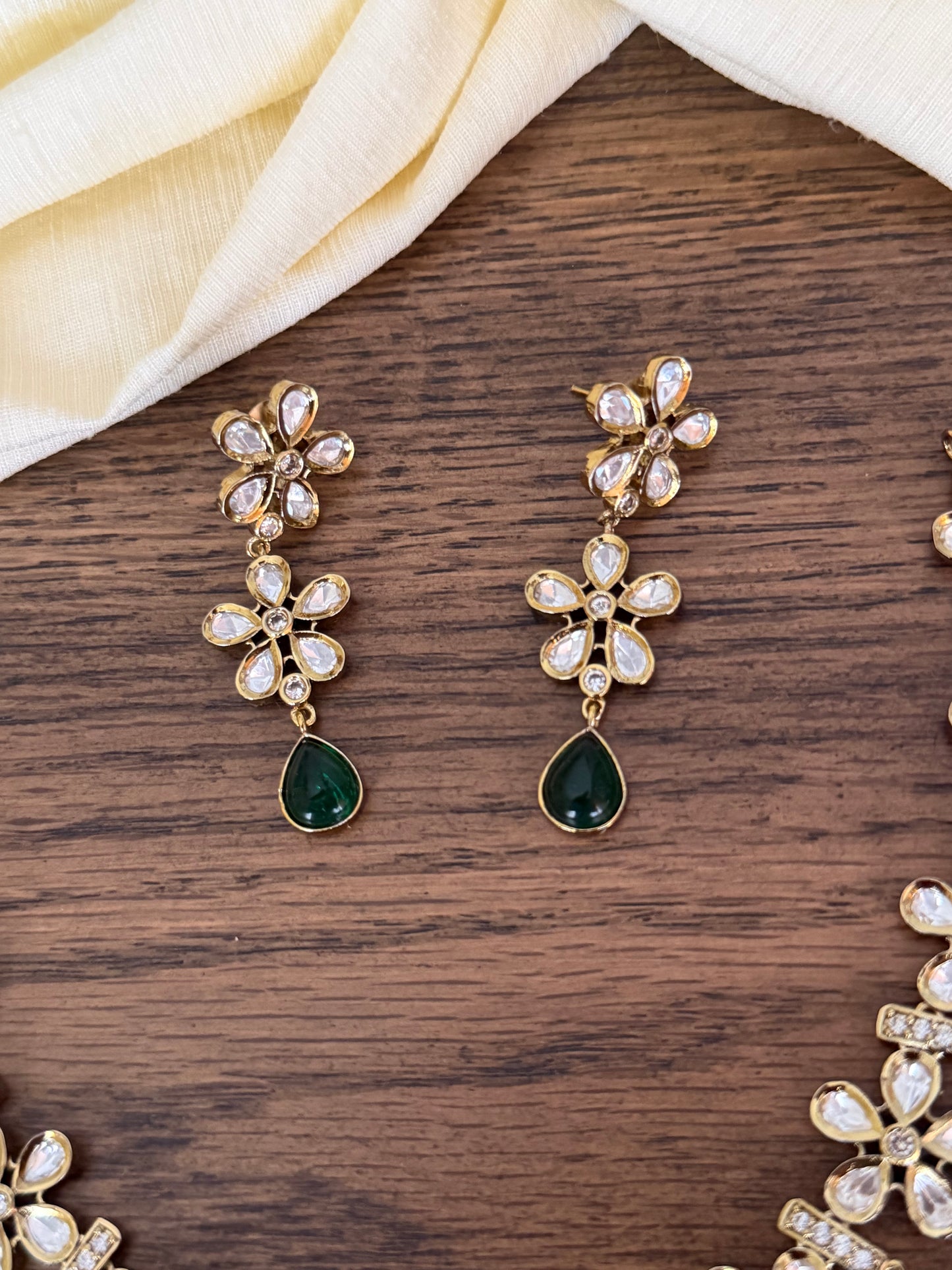 Floral Kundan Polki Choker Set with Emerald Green Teardrops