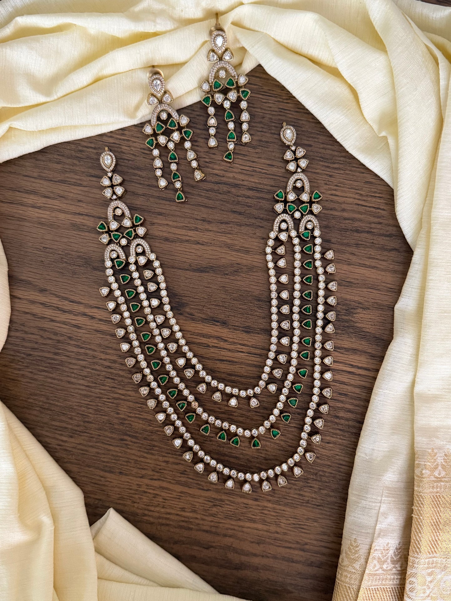 Victorian Moissanite Style Triple Layer AD Necklace Set with Emerald Drops