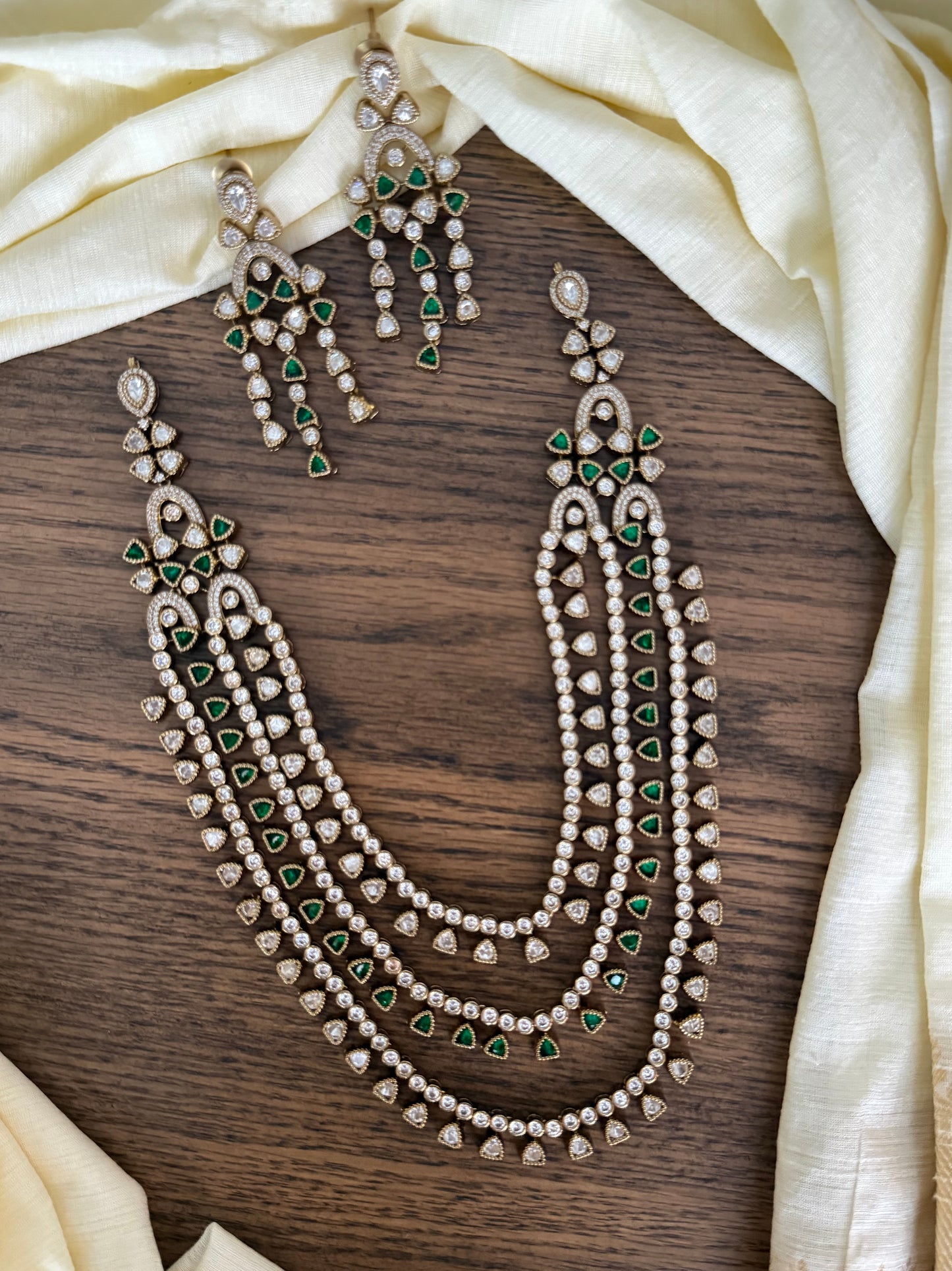 Victorian Moissanite Style Triple Layer AD Necklace Set with Emerald Drops