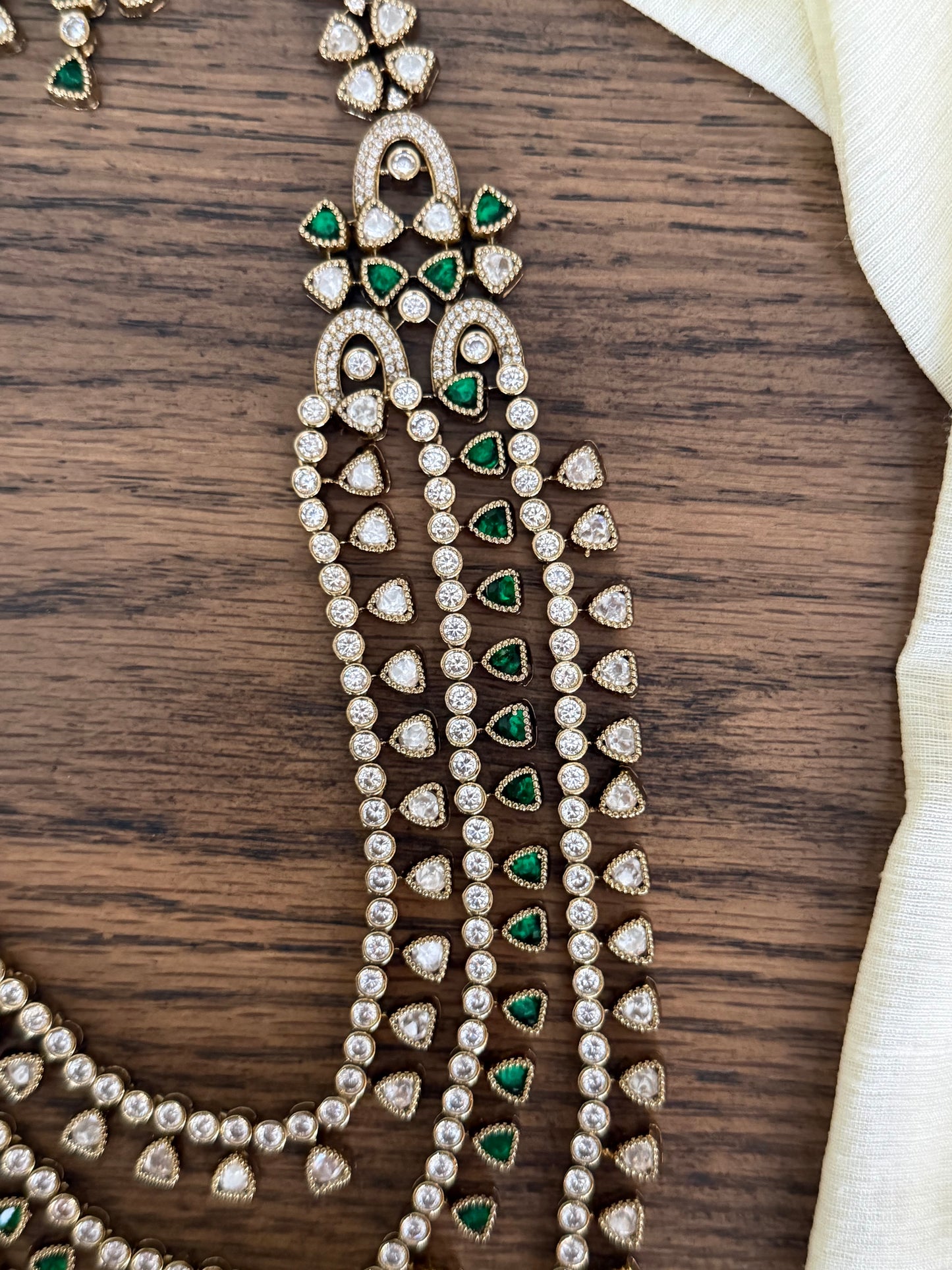 Victorian Moissanite Style Triple Layer AD Necklace Set with Emerald Drops