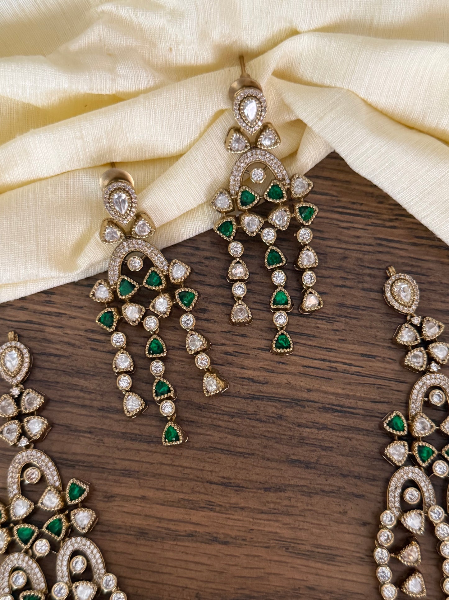 Victorian Moissanite Style Triple Layer AD Necklace Set with Emerald Drops