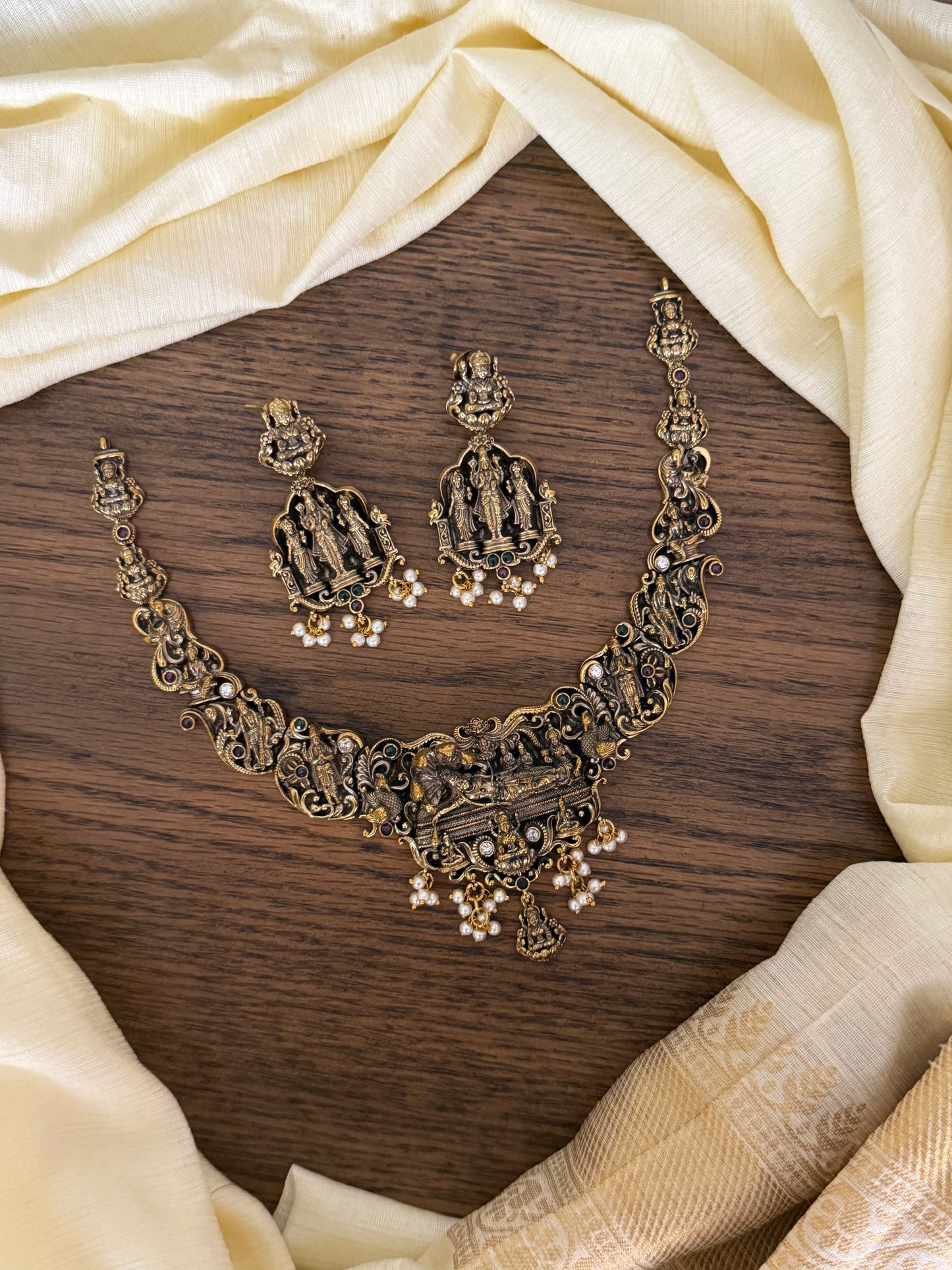 Statement Antique Black Polish Lord Vishnu Navratna Choker Set