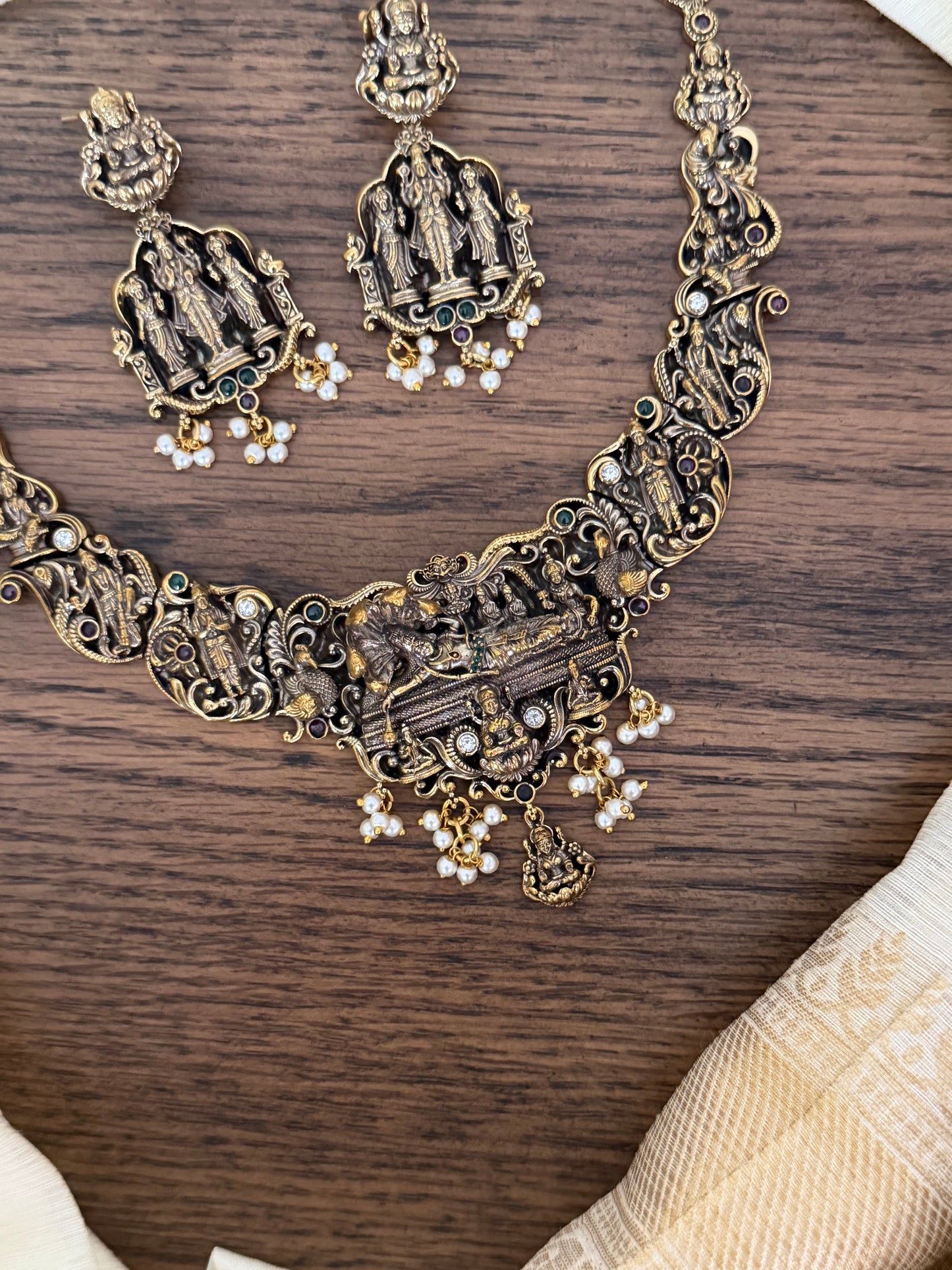 Statement Antique Black Polish Lord Vishnu Navratna Choker Set