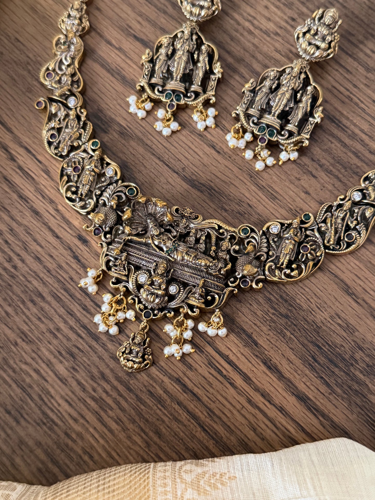 Statement Antique Black Polish Lord Vishnu Navratna Choker Set