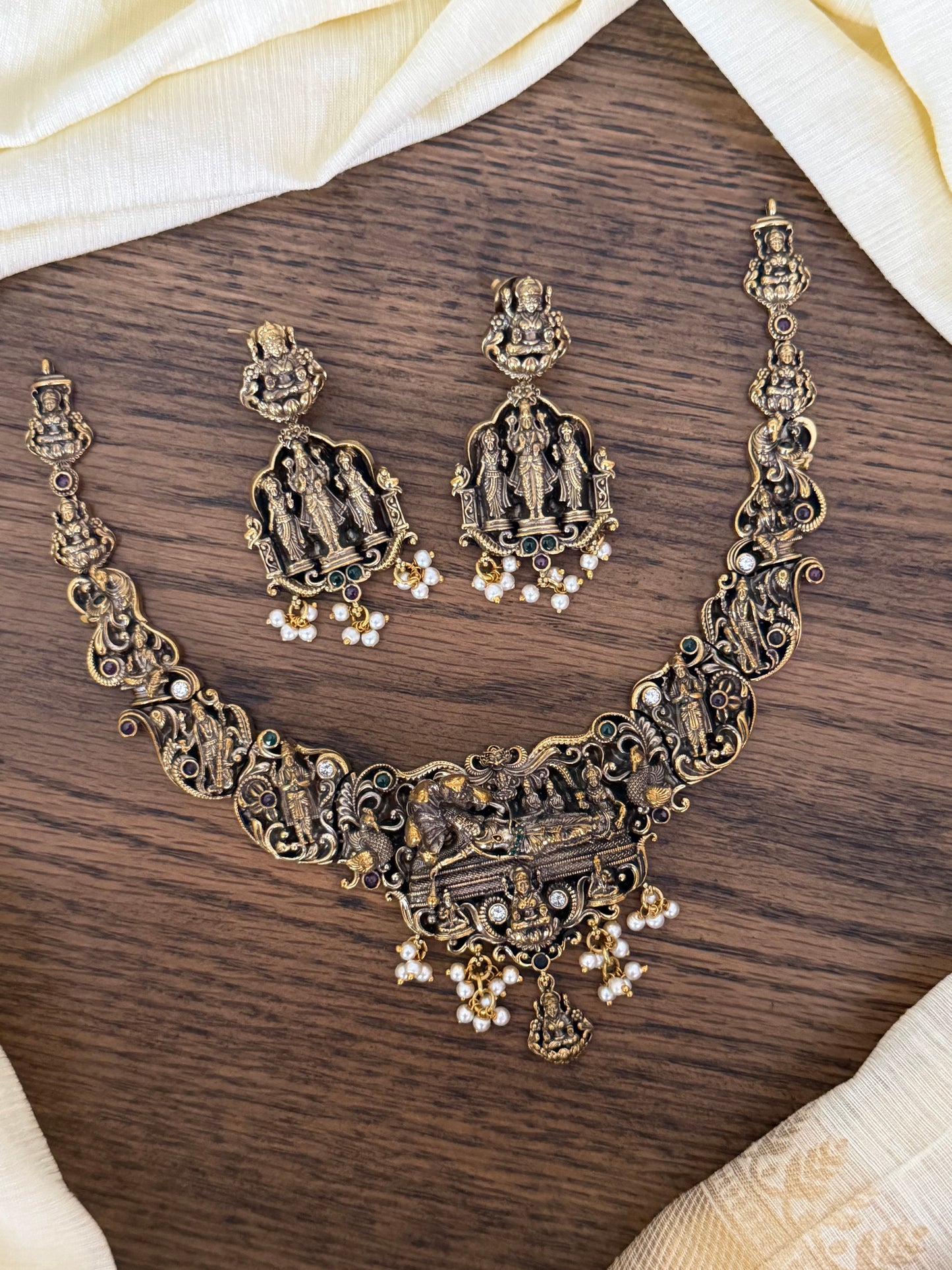 Statement Antique Black Polish Lord Vishnu Navratna Choker Set