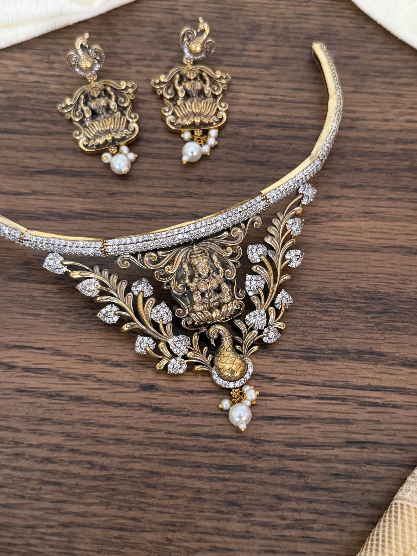 Antique Goddess Lakshmi Kanti Choker Set with AD Stones