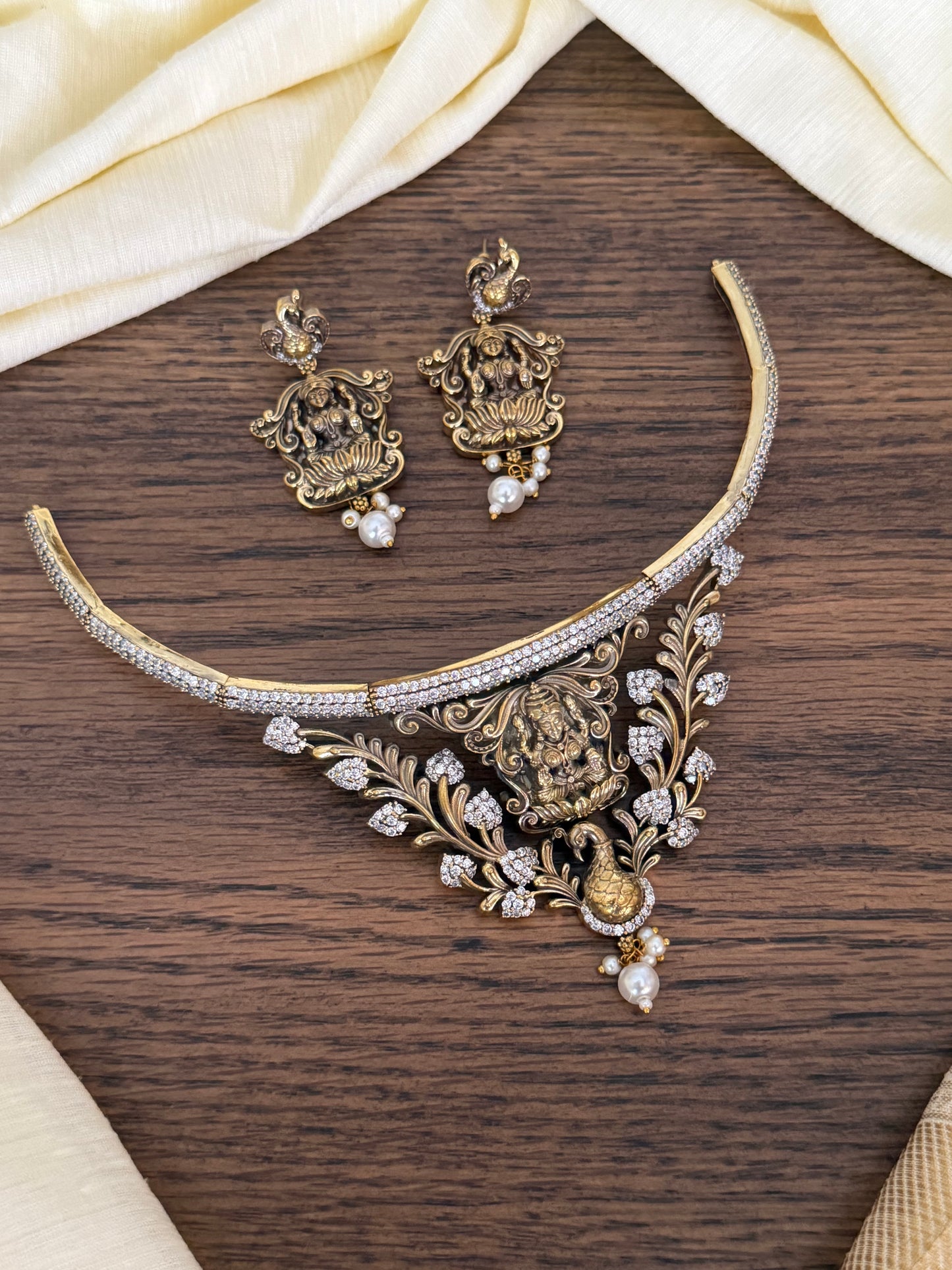 Antique Goddess Lakshmi Kanti Choker Set with AD Stones
