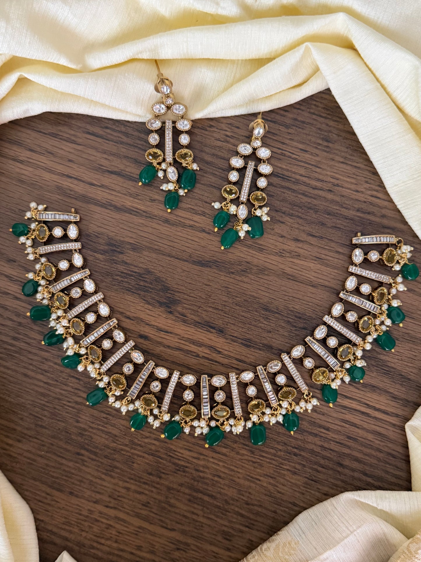 Victorian Moissanite Style High Neck Choker with Emerald Drops