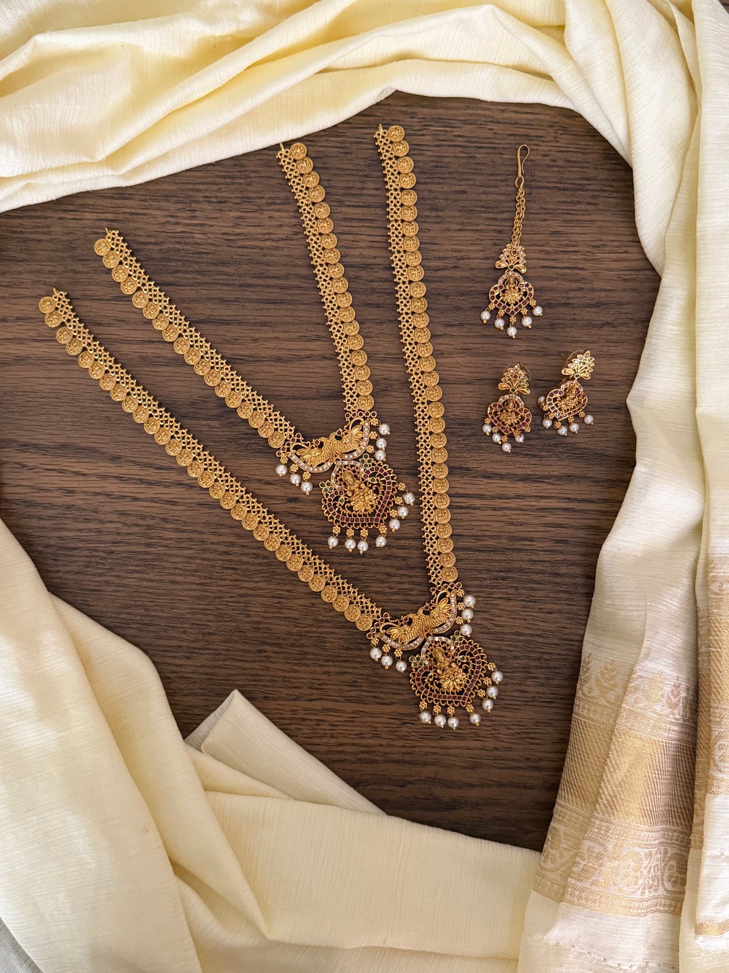 Traditional Matte Gold Lakshmi Haaram & Choker Combo Set with Maang Tika