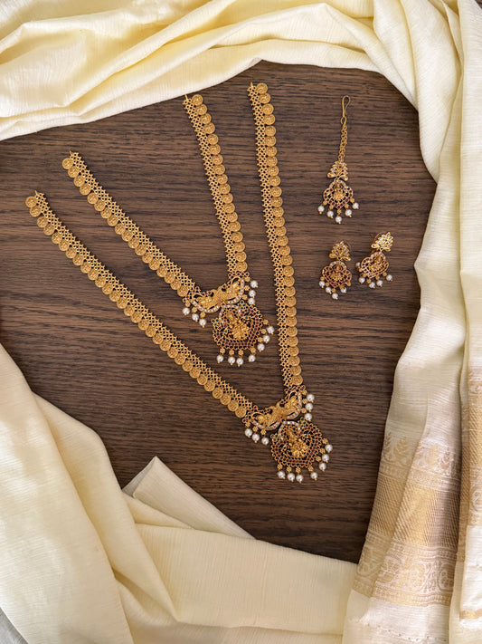 Traditional Matte Gold Lakshmi Haaram & Choker Combo Set with Maang Tika