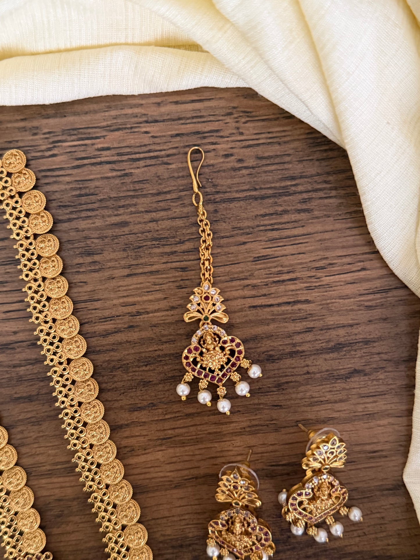 Traditional Matte Gold Lakshmi Haaram & Choker Combo Set with Maang Tika