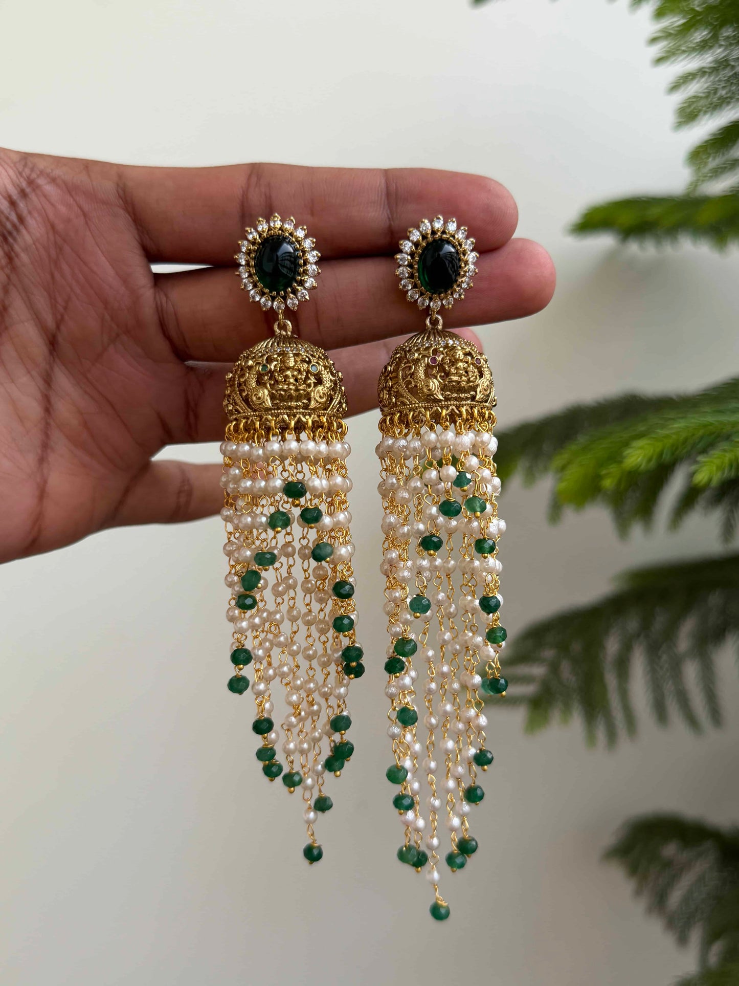 Premium Green Stone Nakshi Jhumka with Pearl Tassles