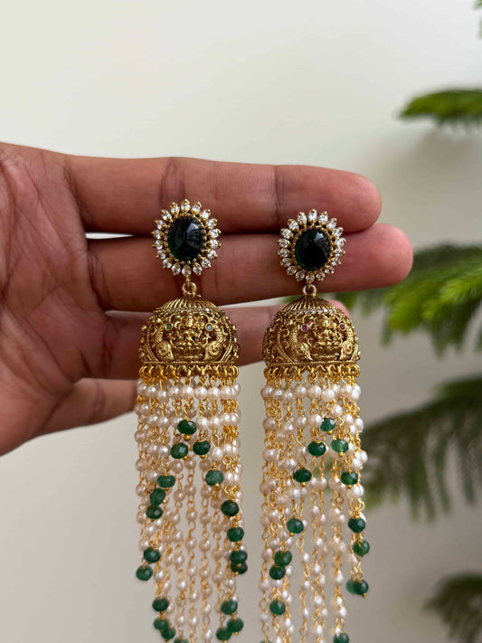 Premium Green Stone Nakshi Jhumka with Pearl Tassles