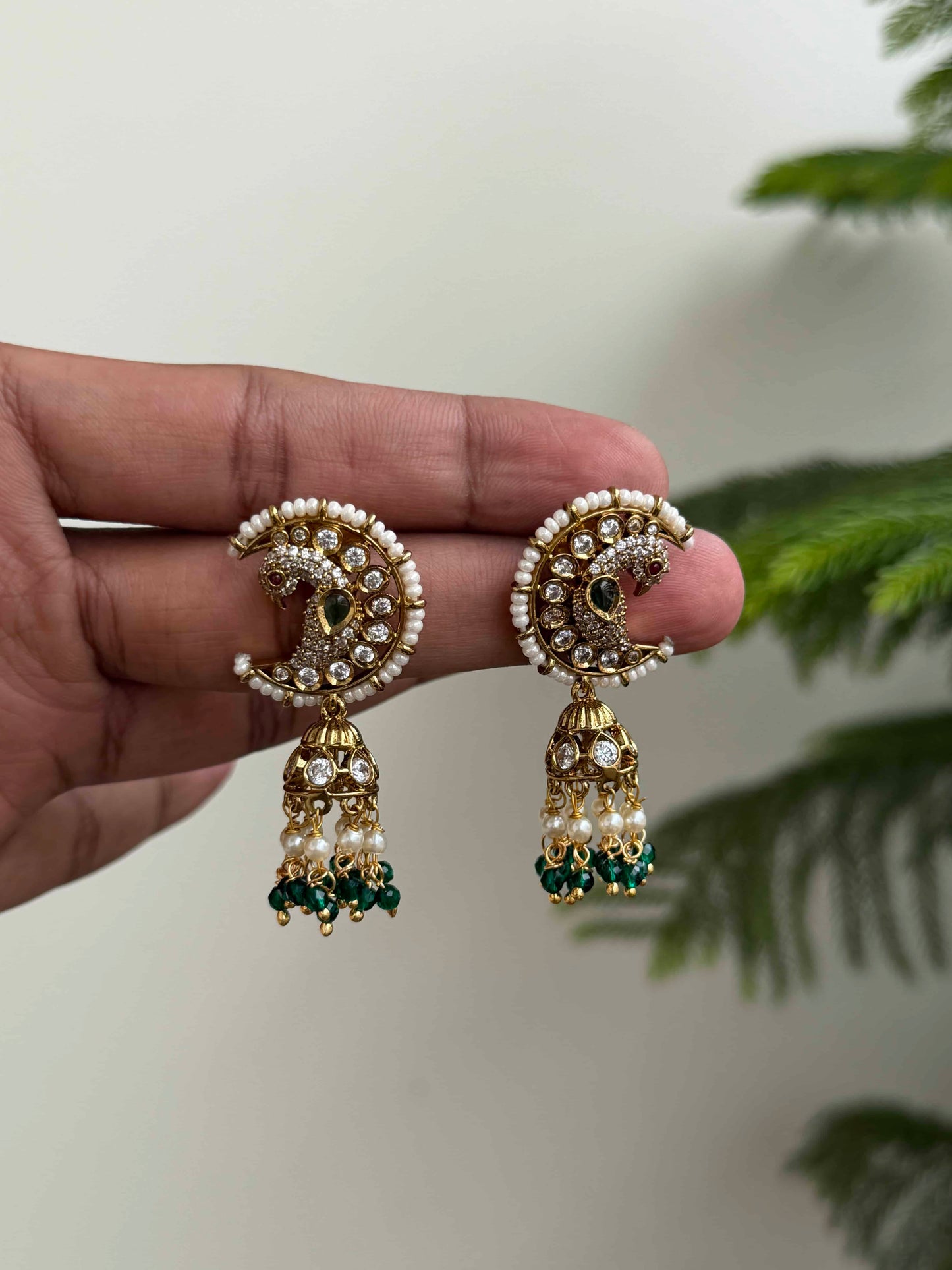 Moon Shaped Peacock Jhumka Earrings