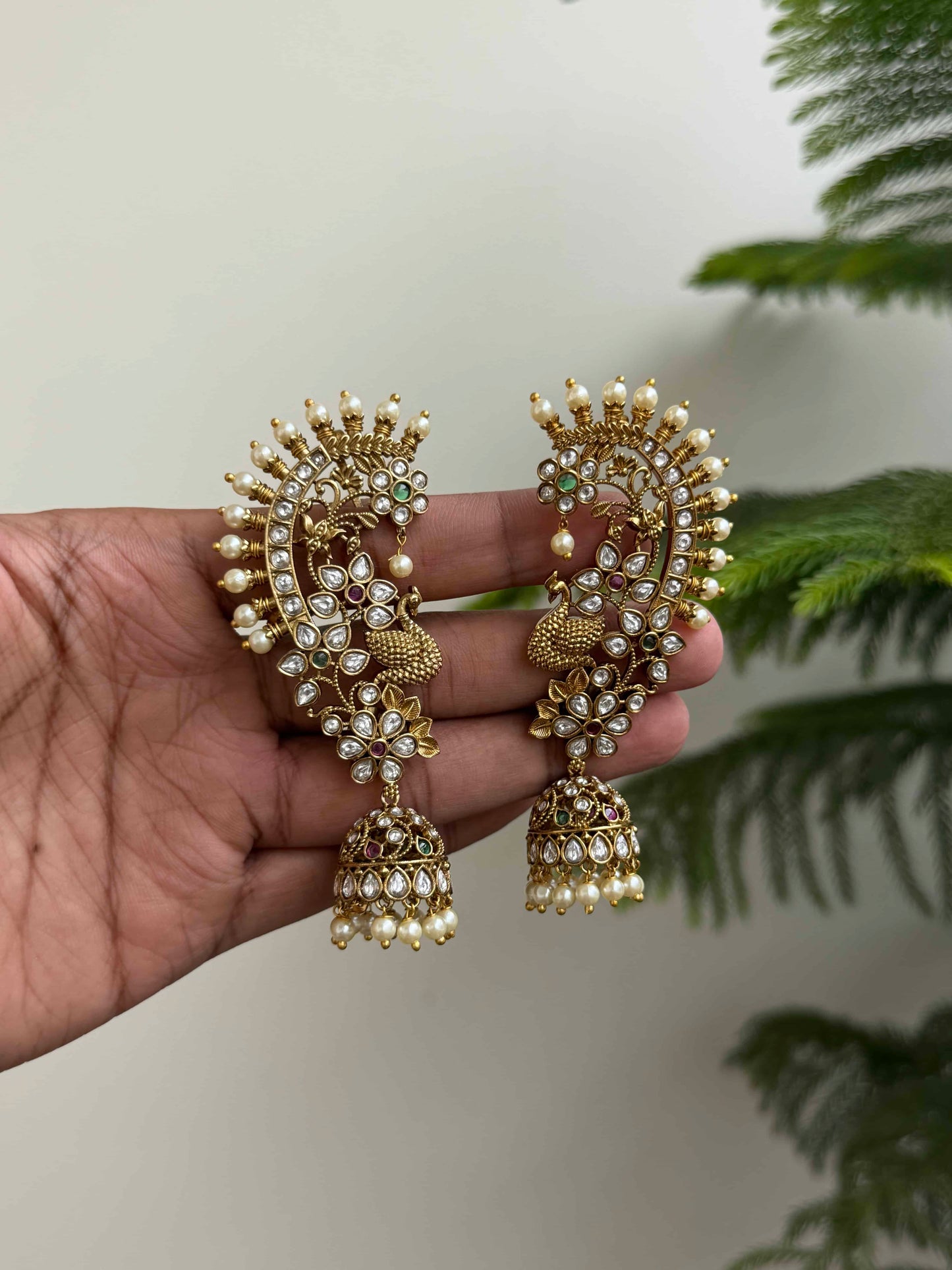 Premium Kundan Earcuff Jhumka with Peacock Motifs
