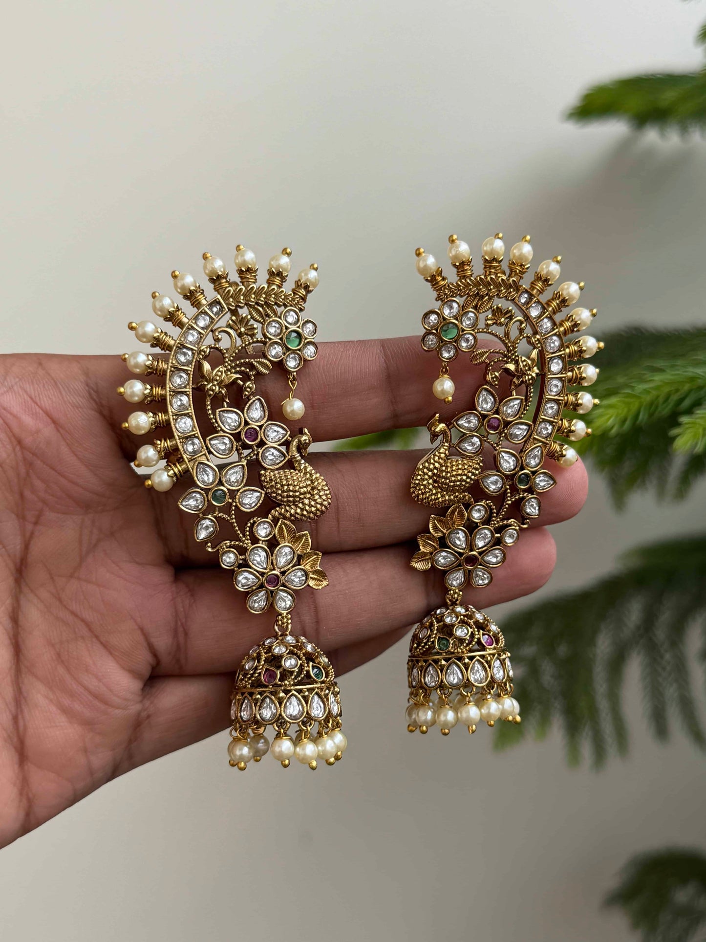 Premium Kundan Earcuff Jhumka with Peacock Motifs