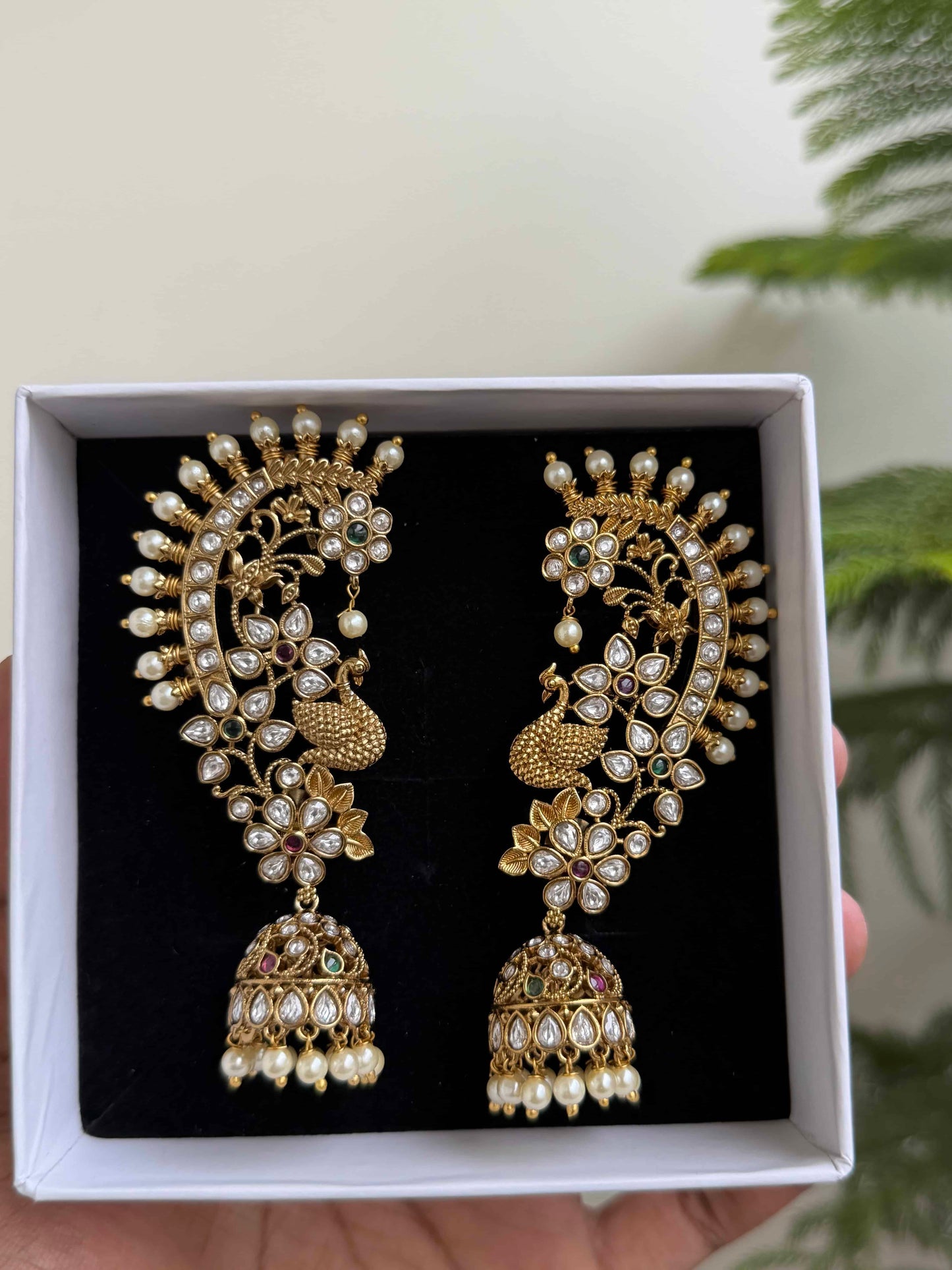 Premium Kundan Earcuff Jhumka with Peacock Motifs