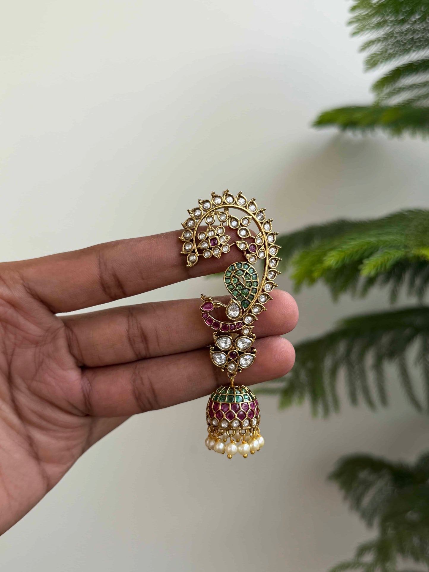 Grand Kemp Stone Peacock Earcuffs with Jhumka