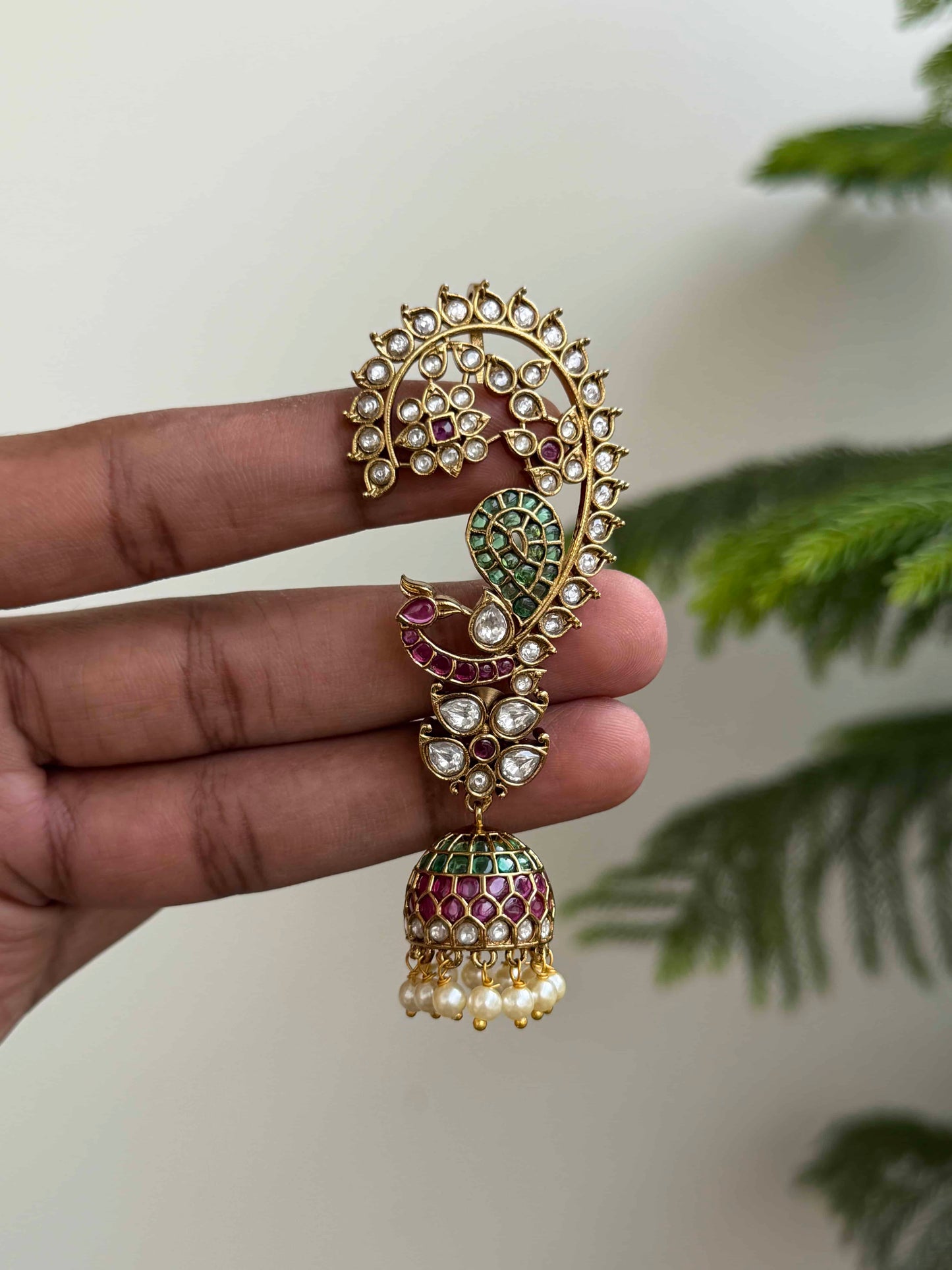 Grand Kemp Stone Peacock Earcuffs with Jhumka