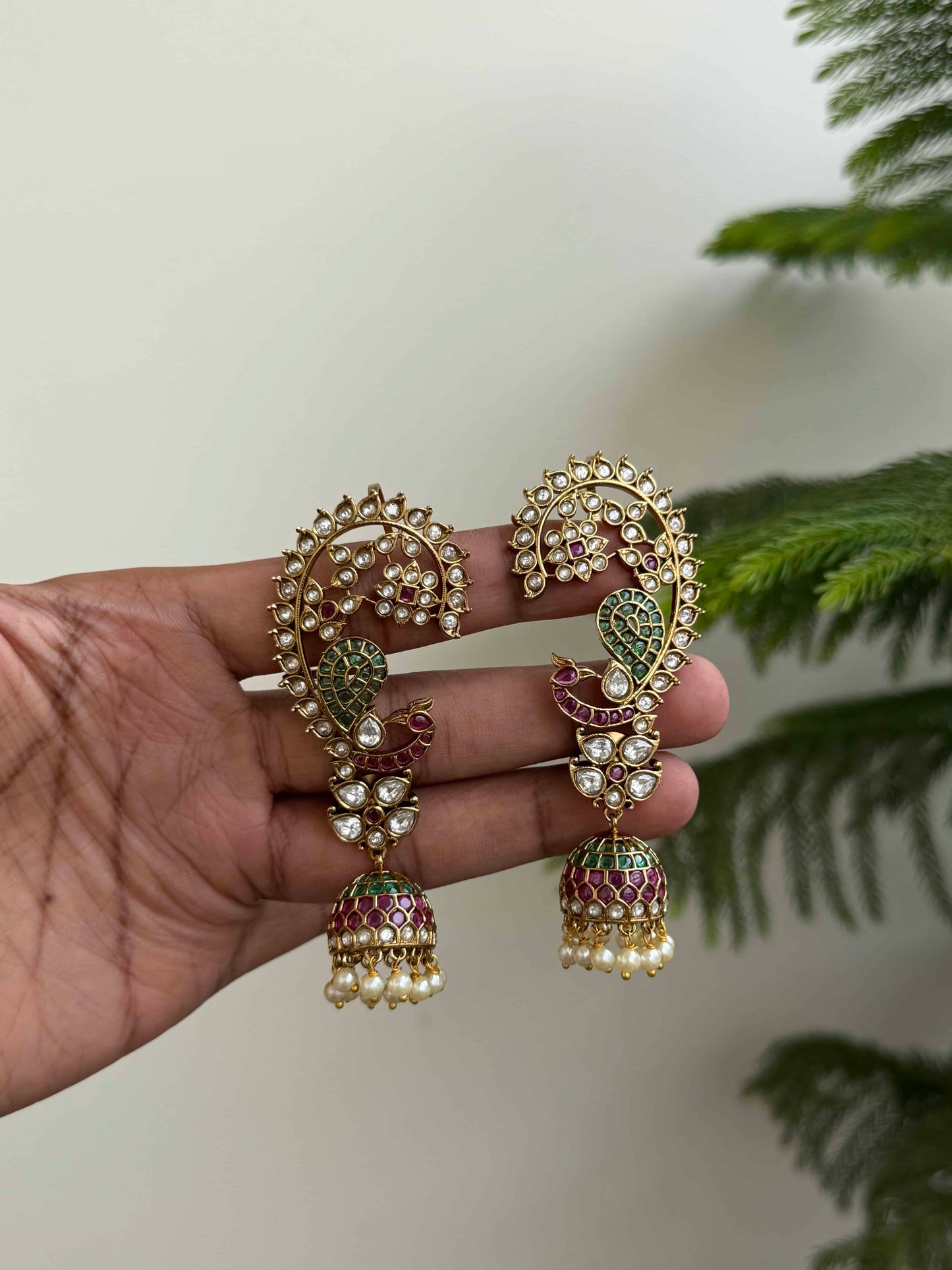 Grand Kemp Stone Peacock Earcuffs with Jhumka