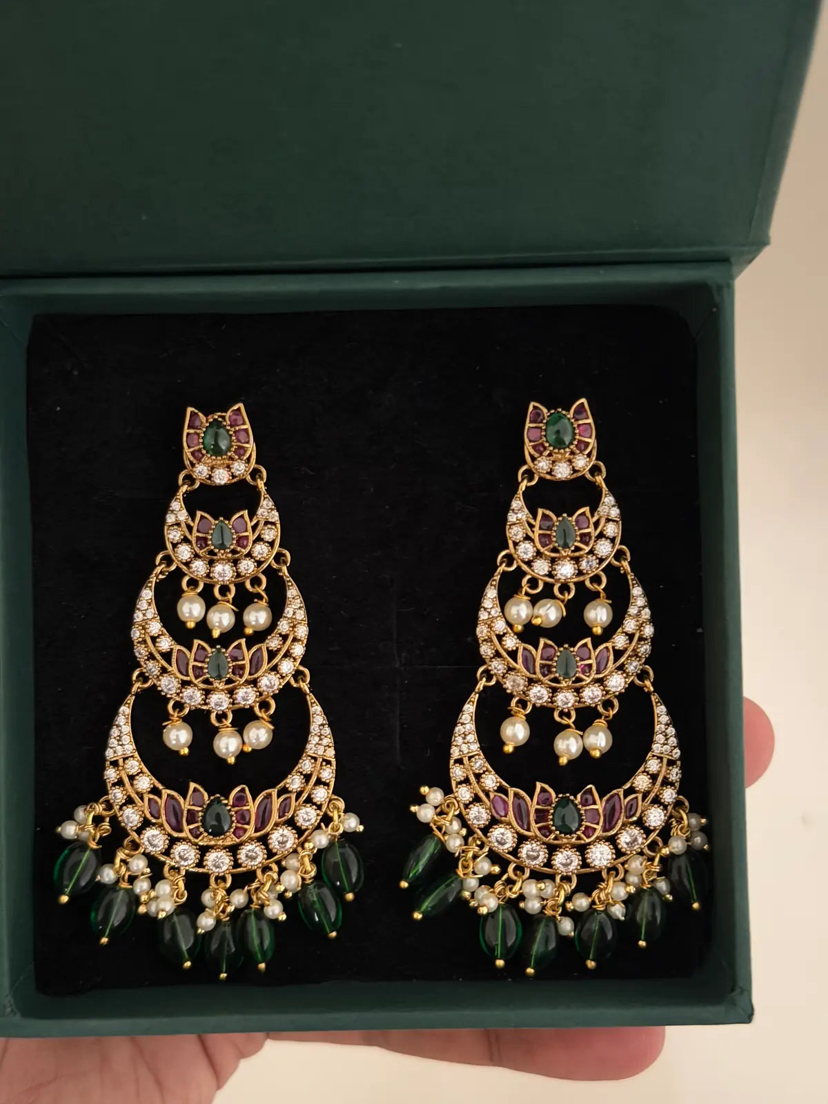 Triple-Tier Chandbali with Green Drops