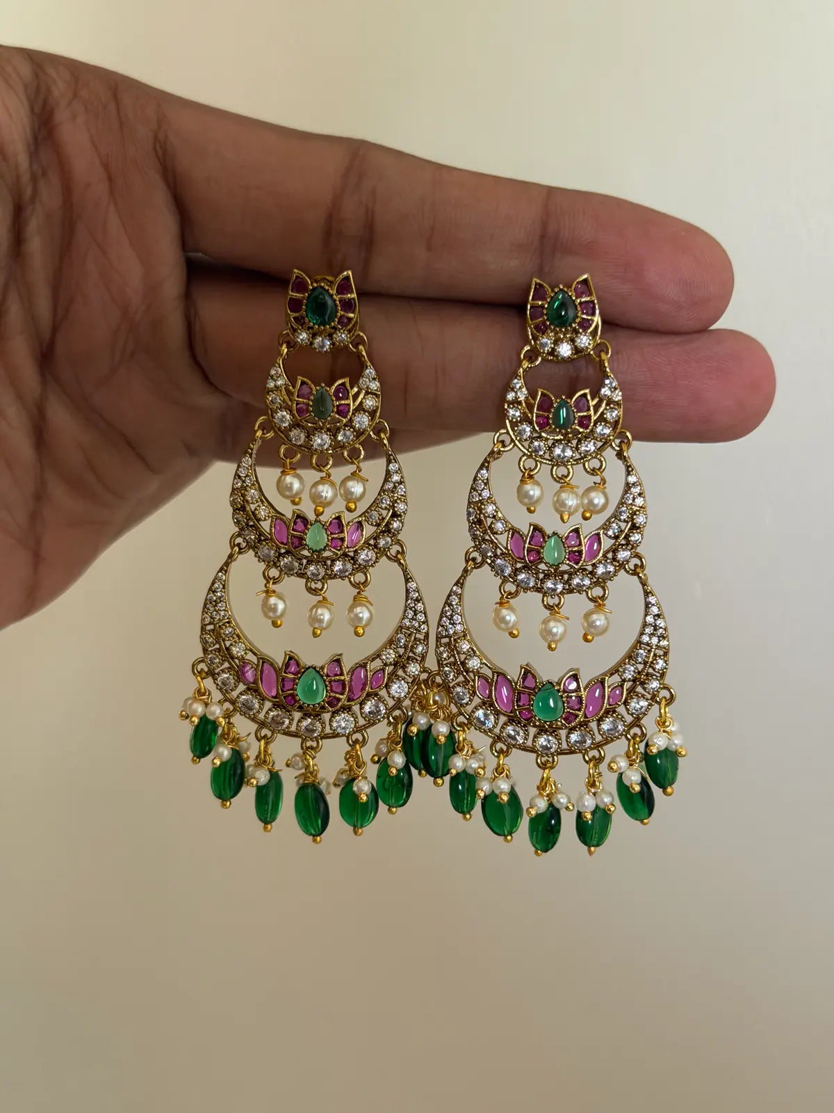 Triple-Tier Chandbali with Green Drops