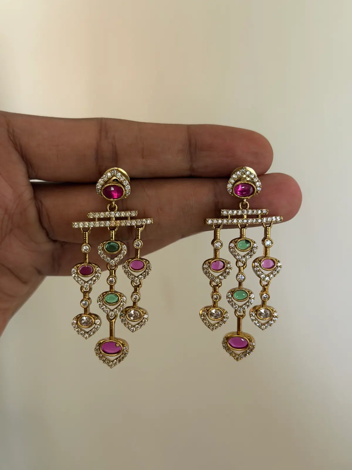 Ruby Emerald Heart Chandelier Earrings