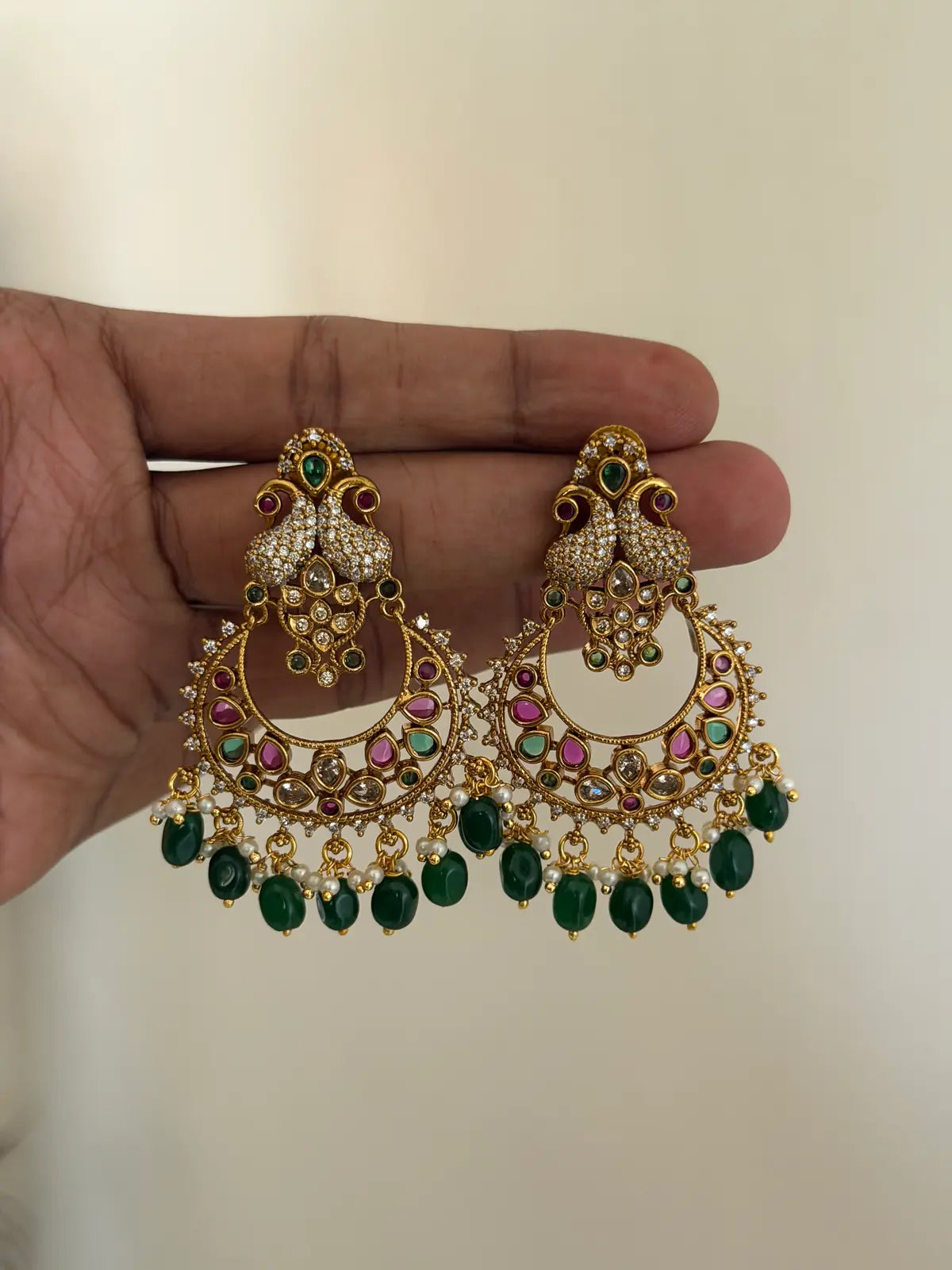 Peacock Chandbali with Emerald Drops