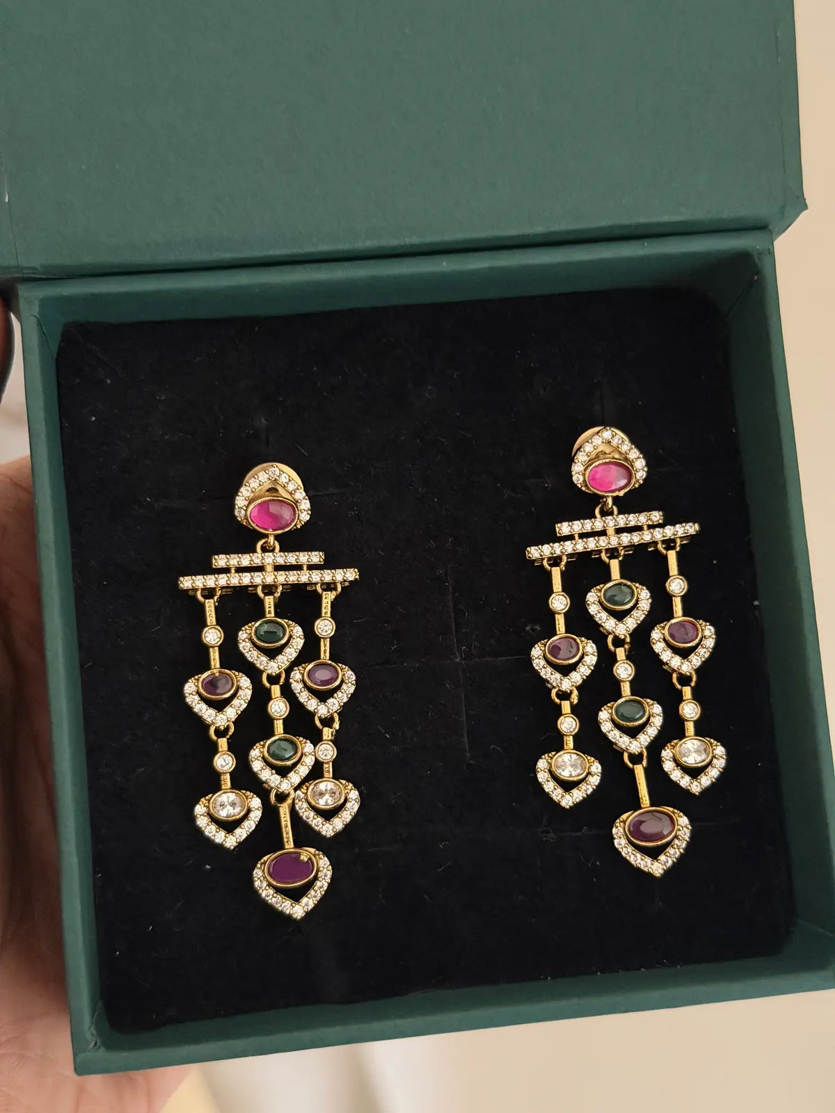 Ruby Emerald Heart Chandelier Earrings