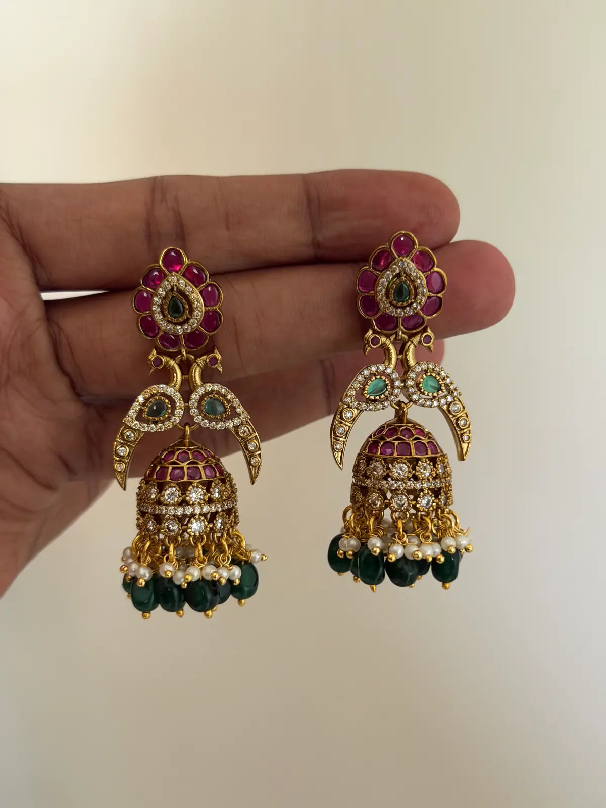 Peacock Jhumka with Emerald Drops