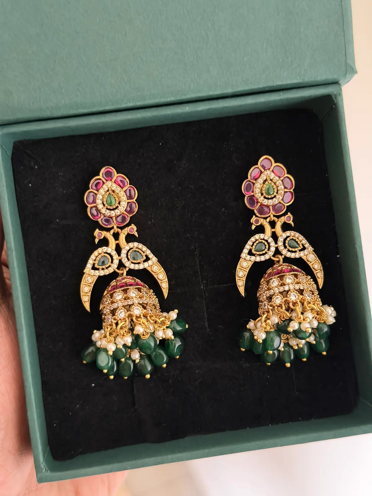 Peacock Jhumka with Emerald Drops