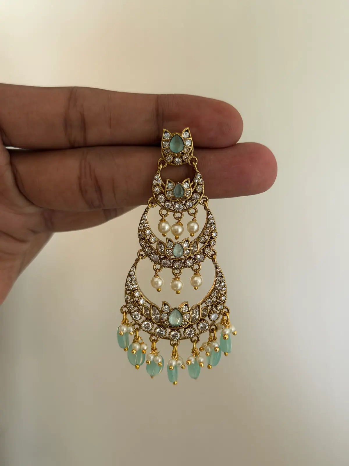 Triple-Tier Chandbali with Green Drops