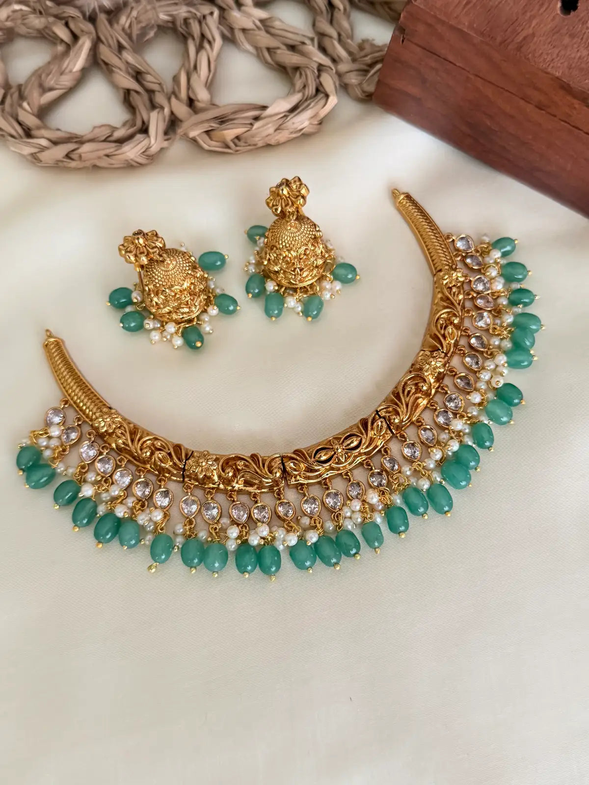Green Beads Kanti Necklace Set with Jhumka