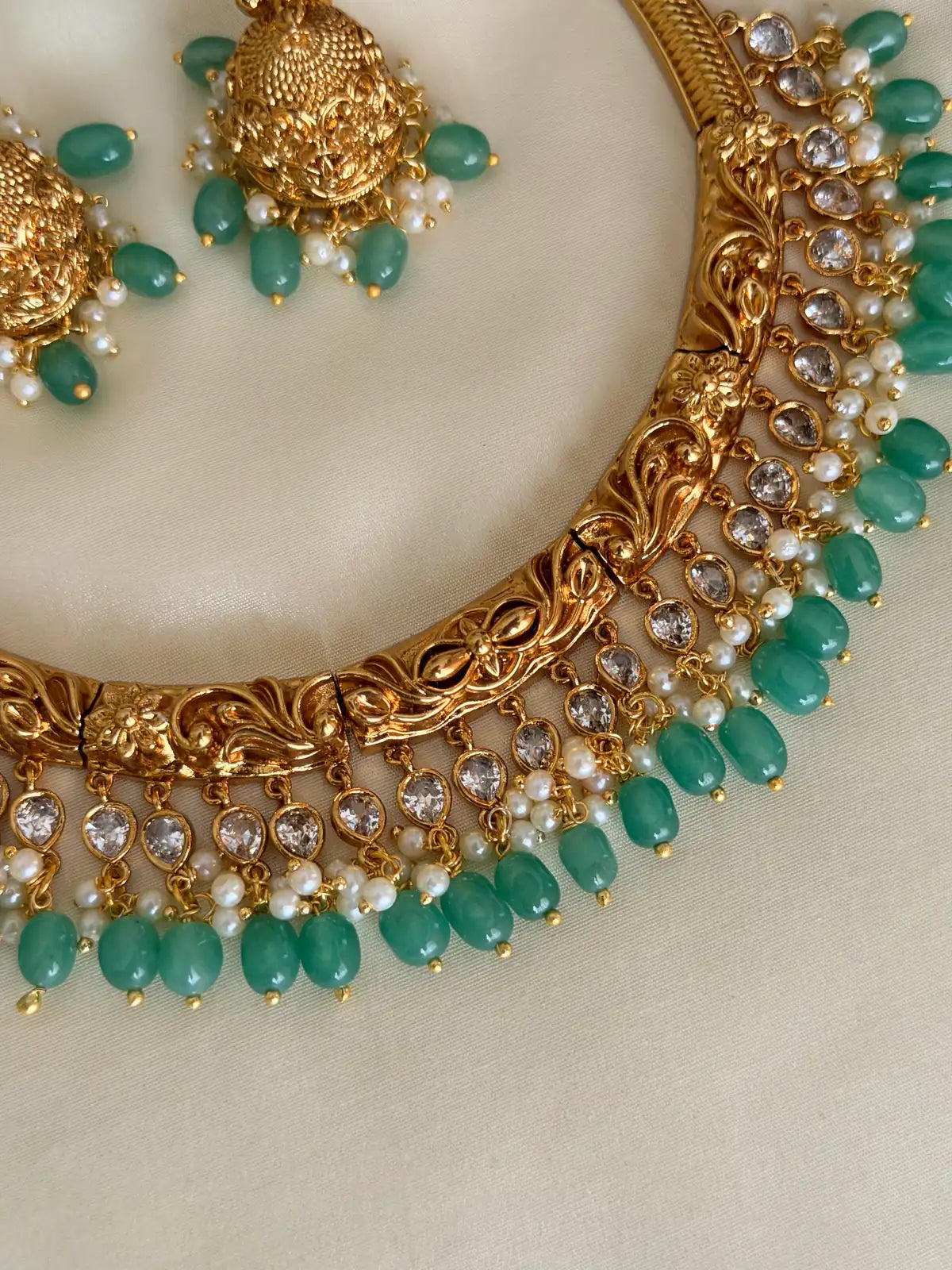 Green Beads Kanti Necklace Set with Jhumka
