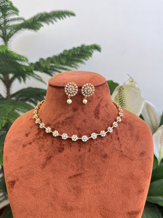 Single Line Floral Motif Necklace – AD Studded – With Matching Studs
