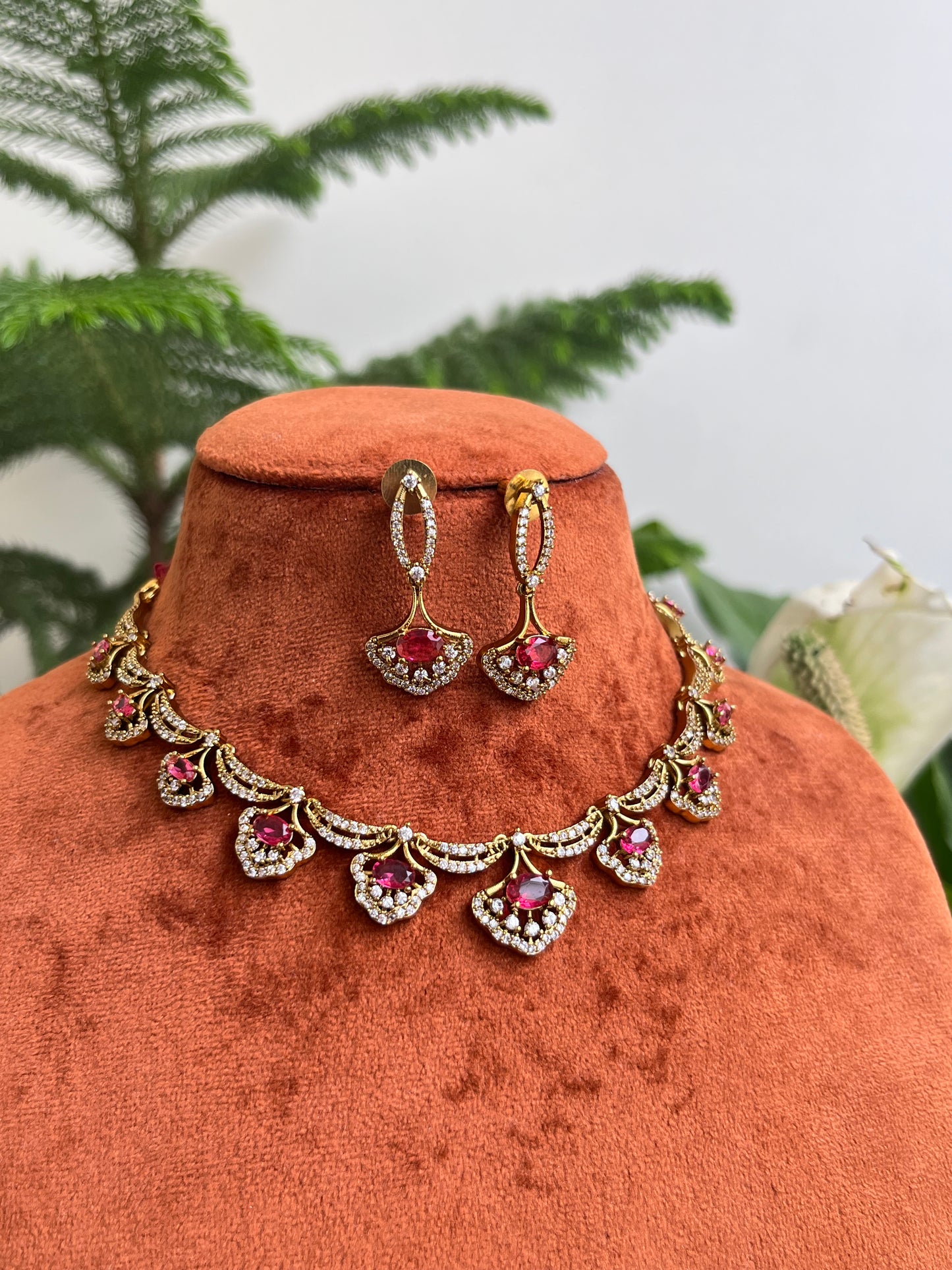 Flower Motif Statement Necklace – Green – With Earrings