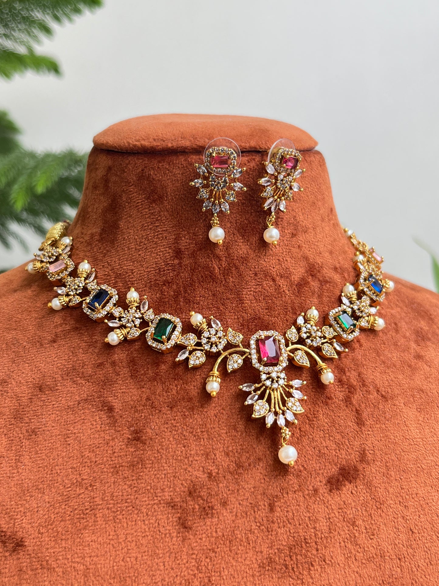 Floral Vine Necklace – Pearl Motifs & AD – Glam Saree / Lehenga Set 12