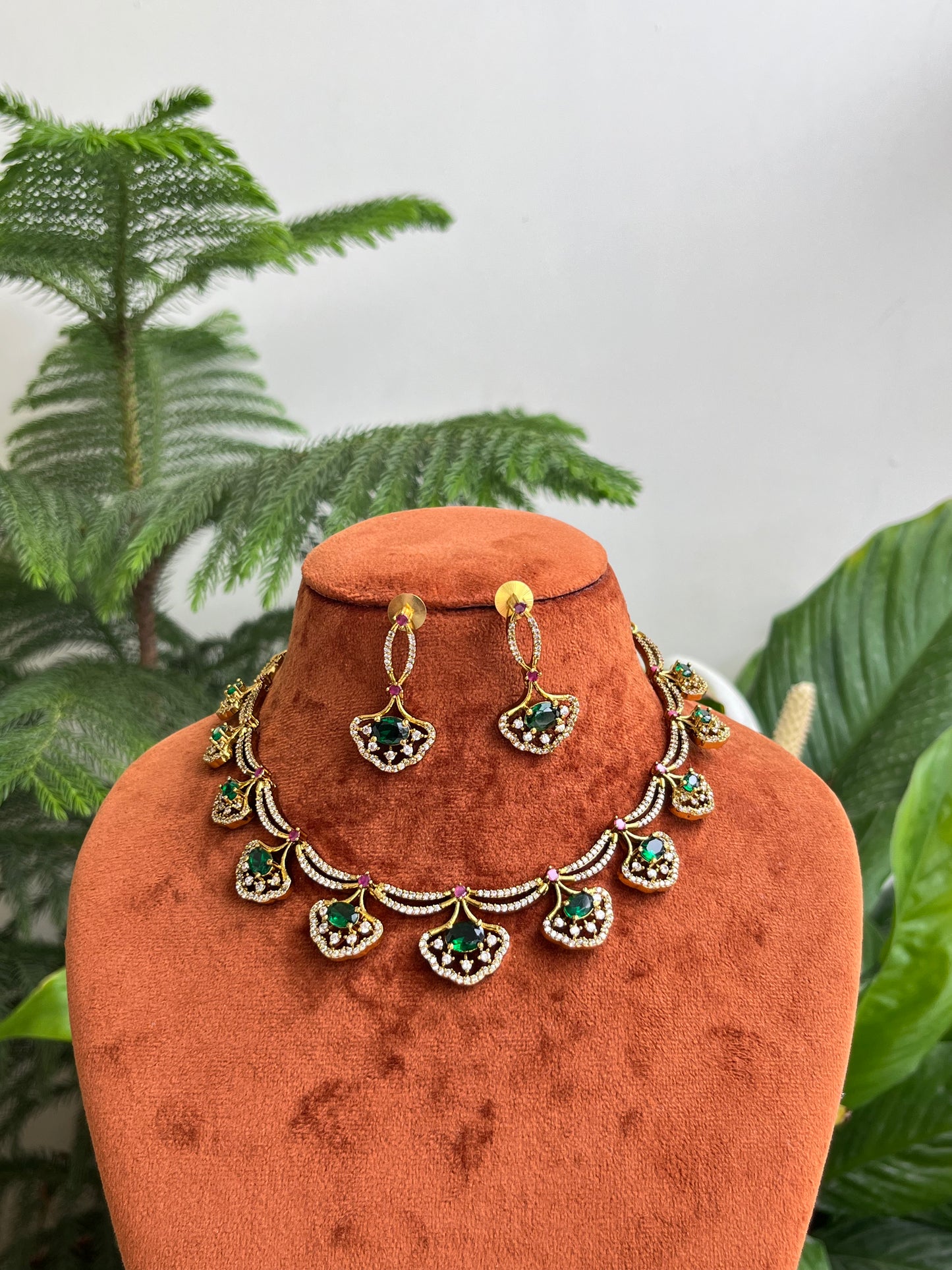 Flower Motif Statement Necklace – Green – With Earrings
