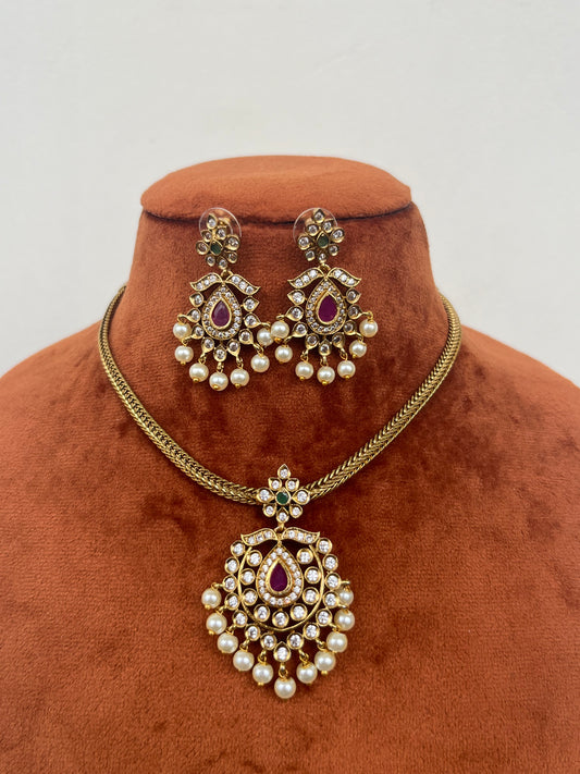 Traditional Attigai Necklace – AD Studded with Ruby Motifs – With Earrings 20