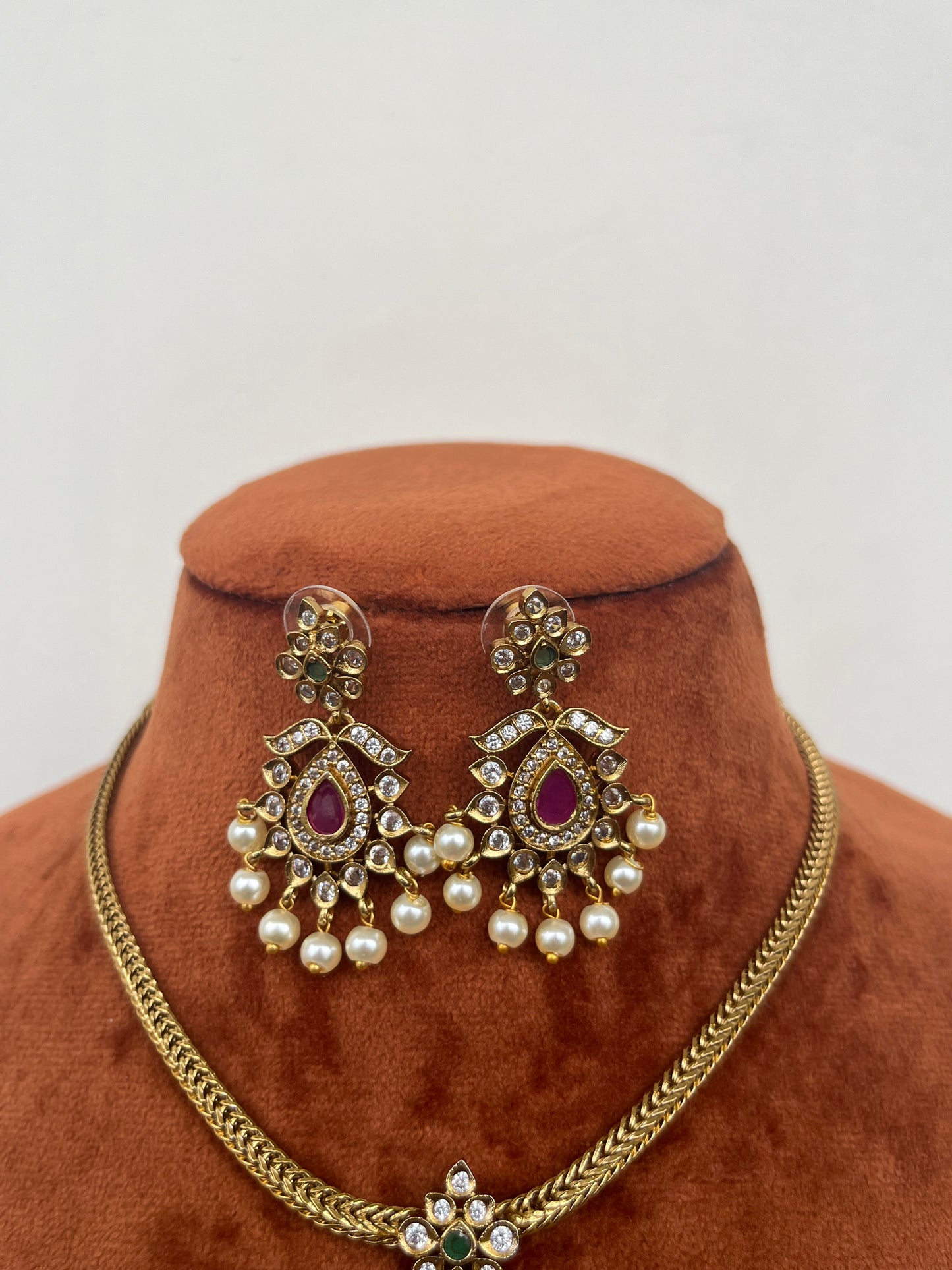 Traditional Attigai Necklace – AD Studded with Ruby Motifs – With Earrings 20